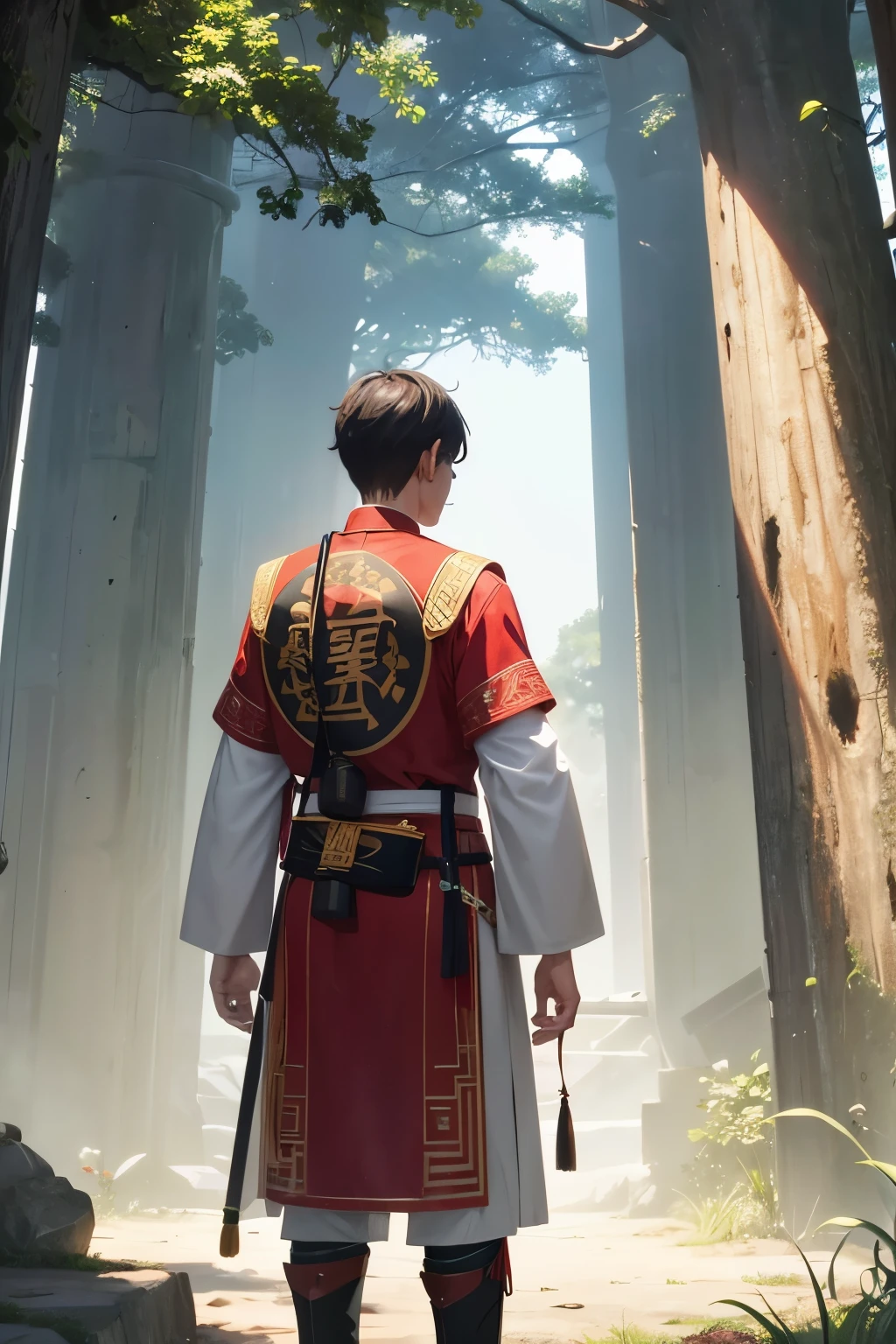 Back view of man wearing Chinese armor，8k，Standing on the cliff facing the forest，Vision，male
