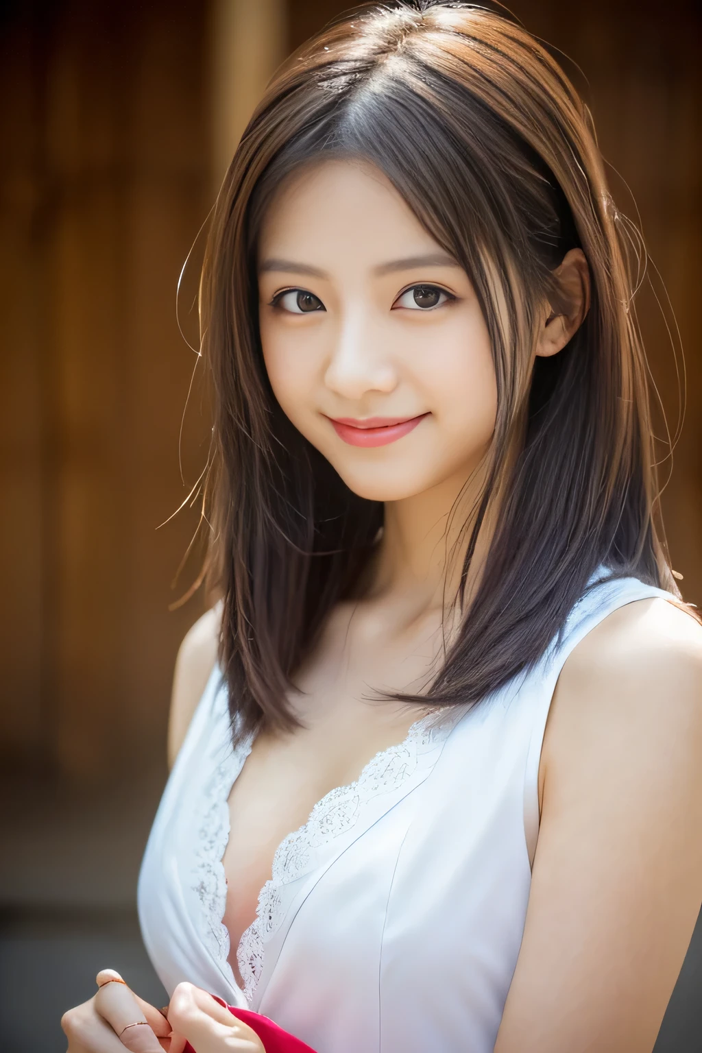 (masterpiece:1.3), (8k, Photoreal, RAW photo, best image quality: 1.4), Japanese high school girl、(random hairstyle:1.2)、cleavage:1.2、super detail face、pay attention to details、double eyelid、chest to chest、sharp focus:1.2、Beautiful woman:1.4、highest quality、masterpiece、ultra high resolution、(Photoreal:1.4)、Highly detailed and professional illuminated smile、random costume、random environment