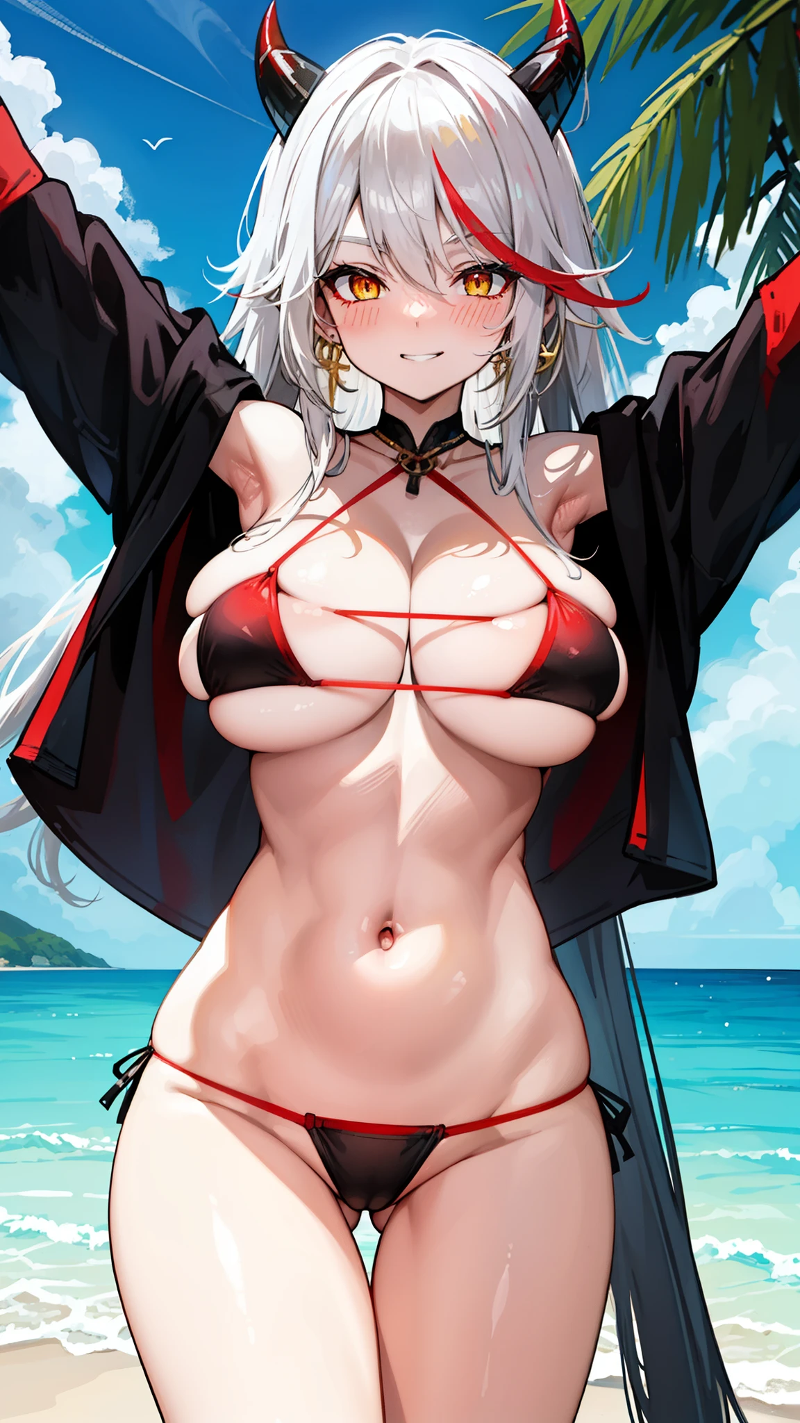 closed mouth, huge breasts, looking at the audience, white hair,,long hair,black horn,red multicolored hair,yellow eyes,,resort beach,standing,slim, ,cowboy shot,micro bikini,navel,blush,bright screen,grin,open arms,upper body,bare shoulder,black bikini,cleavage