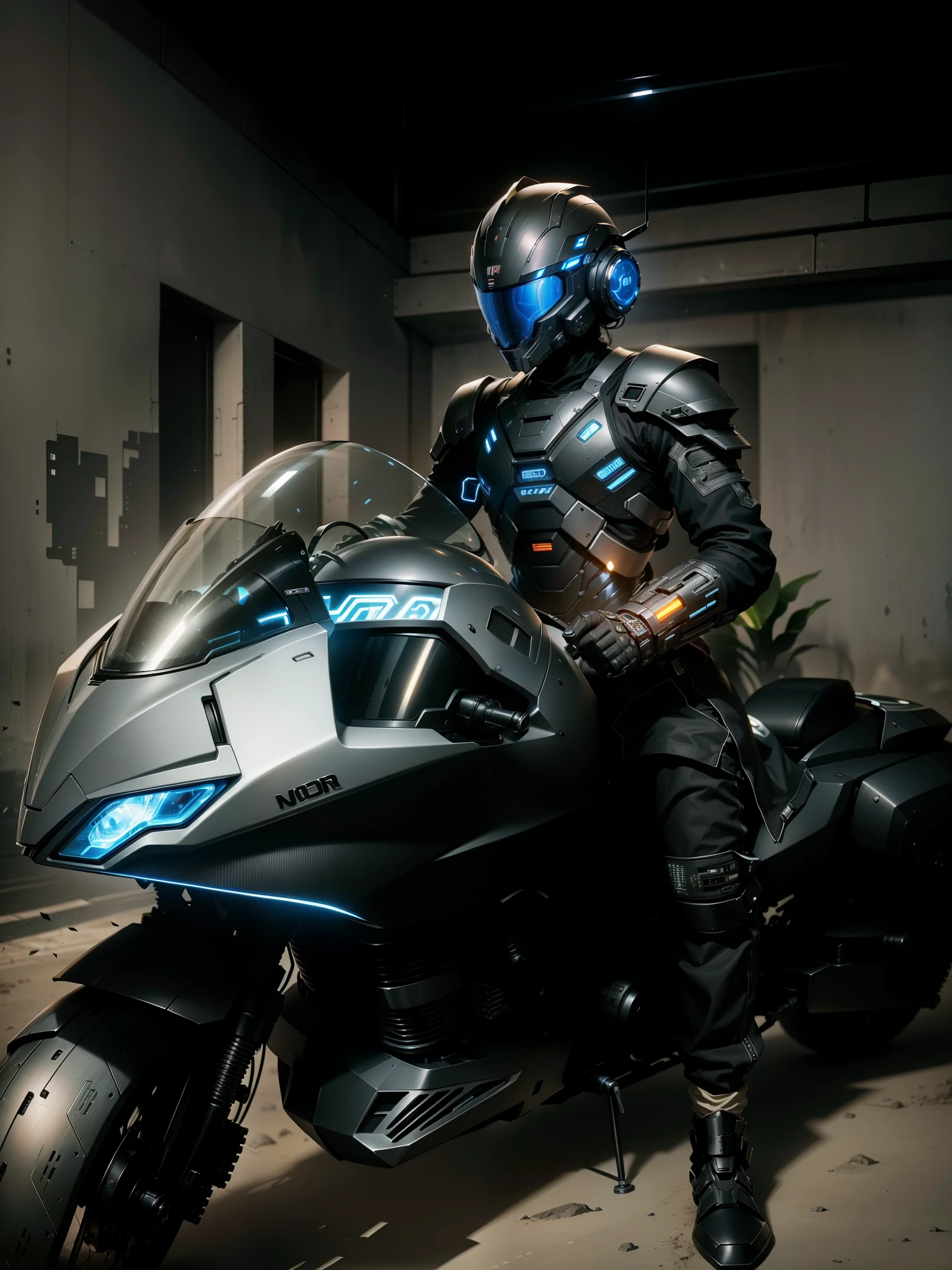 tall cyber warrior,Information mechanical motorcycle,High-tech black full-face helmet,Noor, Biomechanics SHN People,High-tech helmet,Surreal, steel, complex design, Very detailed Very detailed, The lines are extremely clear, light, Real shot, detailed masterpiece