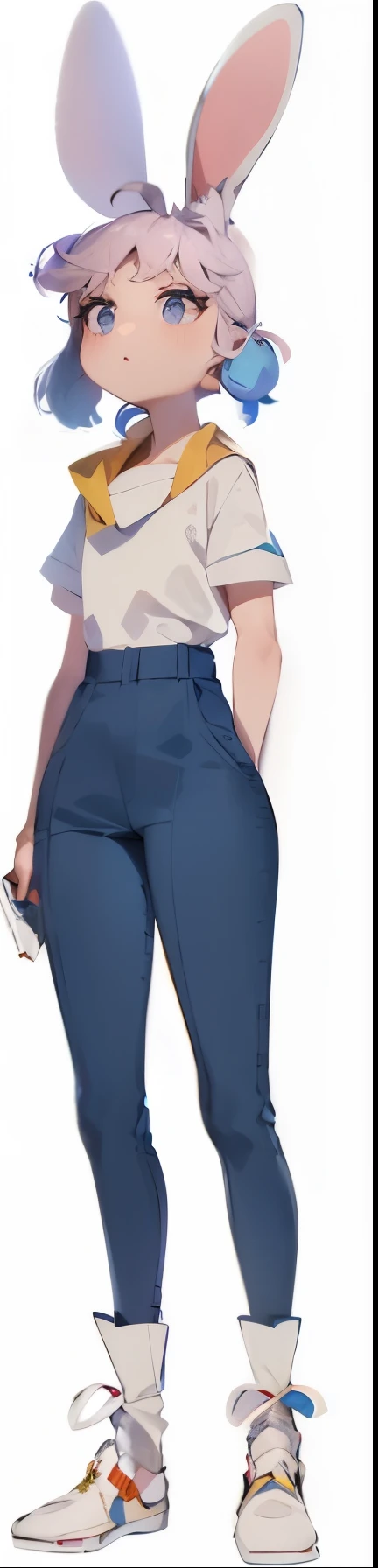 日本动画片 character with bunny ears and a white shirt and blue pants, 接近瘦, 短篇全身肖像!, 洛伊什 |, 随意的姿势, 全身细节, 日本动画片 vibes, clean detailed 日本动画片 style, 精细的细节. 日本动画片, 光滑的微小細節,, 详细的衣服, 灵感来自让·嘿, 休閒服,(masterpiece:1,2), best quality, masterpiece, highres, original, extremely detailed wallpaper, perfect lighting,(extremely detailed CG:1.2), drawing, paintbrush,8K,official art,highres,detailed,best quality,very aesthetic,masterpiece,illustration,(chibi:1.2),tine body,game characters,full body,simple background,t-pose,game cg, multi view, five views,(front view:1.2),front side view, (side view),(readback, view de), bar view, back side view,concept art,character designs,Open arms,T pose,(open arms),Standing,(Spread arms),Red top,rabbit,Same Person,(masterpiece:1,2), best quality, masterpiece, highres, original, extremely detailed wallpaper, perfect lighting,(extremely detailed CG:1.2), drawing, paintbrush,8K,official art,highres,detailed,best quality,very aesthetic,masterpiece,illustration,(chibi:1.2),tine body,game characters,full body,simple background,t-pose,game cg, multi view, five views,(front view:1.2),front side view, (side view),(readback, view de), bar view, back side view,concept art,character designs,Open arms,T pose,(open arms),Standing,(Spread arms),Red top,rabbit,Same Person