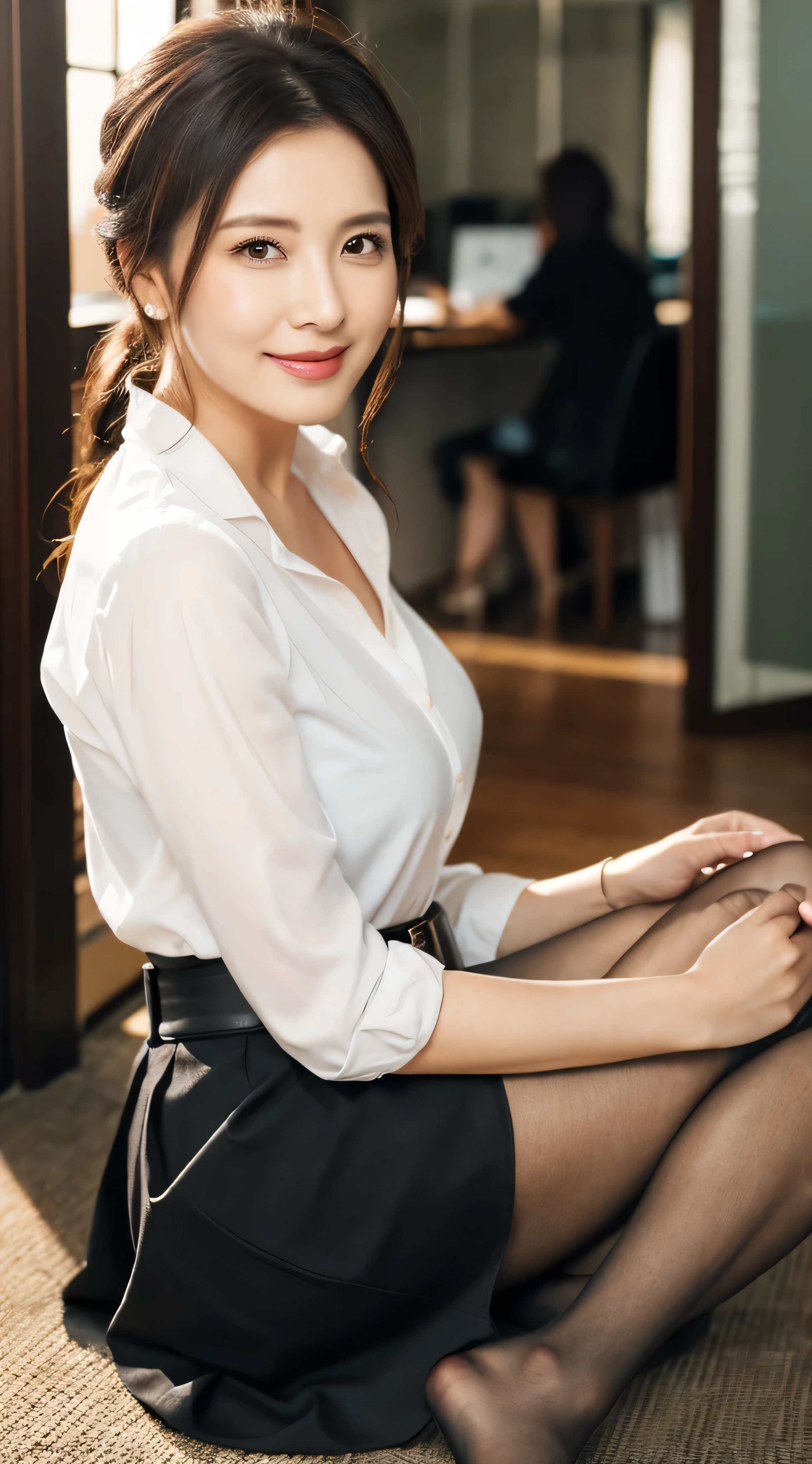 ulzzang -6500-v1.1, (Raw photo:1.2), (Photorealsitic), Beautiful detailed, (Real: 1.4), ighly detailedな目と顔, beatiful detailed eyes, Standing in the office、(White see-through shirt、a belt、a black skirt)、(Ultra-realistic pantyhose、high-heels)、Standing cross-legged、huge filesize, hight resolution, ighly detailed, top-quality, [​masterpiece:1.6], illustratio, ighly detailed, nffsw, finely detail, top-quality, 8k wallpaper, Cinematographic lighting, 1 milf, 43 yeas old, perfect body type, cute droopy eyes beautiful big eyes、Pieckfinger, ((masutepiece)), Best Quality, 1 milf, eye shadow, Portrait, ((FULL BODYSHOT:1.4))、(Very affectionate smile:1.2)、((緩く内側にウェーブがかかった髪:1.2)),((茶褐色の超ロングヘア―:1.2))