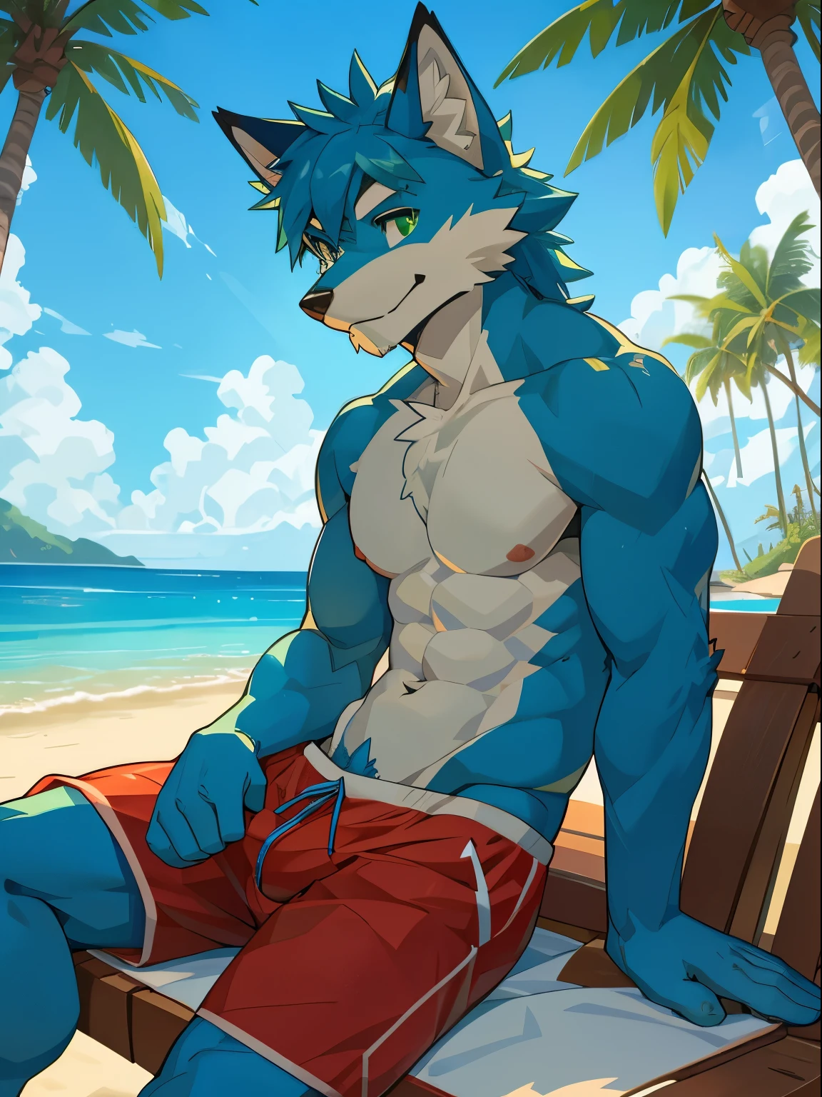 hairy,blue fur fox,alone,male,light green eyes,muscular,naked body,Wear red swimming trunks,Sitting by the coconut trees on the beach.,in the morning