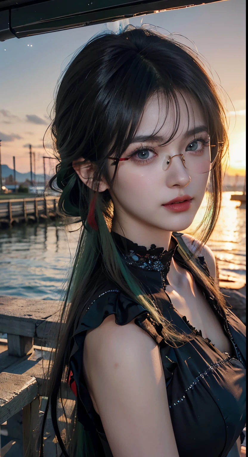 there is a woman,at the seaside,Beautiful anime portrait, Stunning facial portraits, Detailed portrait of the girl, portrait girl, guweiz style artwork, anime style. 8k, Realistic art style, Smooth CG art, Style 4 K, Digital anime illustration, beautiful girl, Portrait of an animated girl,Long ponytail hairstyle,Black hair and green hair, Good-looking hair accessories, light green eyes,big eyes,,Wearing red glasses,half rim glasses,Smile