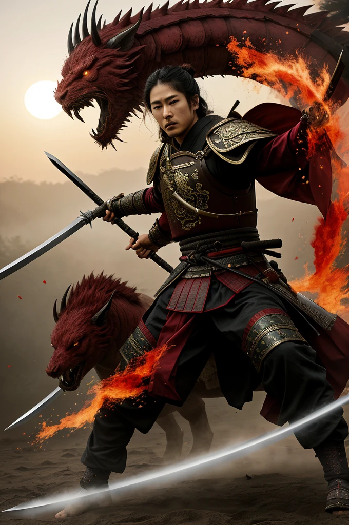 (best quality,4k,8k,highres,masterpiece:1.2),ultra-detailed,(realistic,photorealistic,photo-realistic:1.37),samurai,master swordsman,bold posture,towering presence,fierce warrior embers,blood-soaked katana,ancient armor,ornate helmet,sharp blade,precision strikes,swift and graceful movements,stoic expression,intense gaze,ethereal mist,falling cherry blossoms,moonlit battlefield,serene sunset,duelling shadows,flaming battlefield,imminent victory,spiraling dragon,divine protection,secrets of the sword,samurai code of honor,skilled swordsmanship,legendary warrior spirit,ancient samurai artistry,unyielding willpower,vibrant red and black color scheme,dynamic action,traditional Japanese calligraphy,mythical creatures,exquisite attention to detail,stark contrast,controlled aggression,intense battle scene,zanshin (lingering presence after striking),timeless legacy.