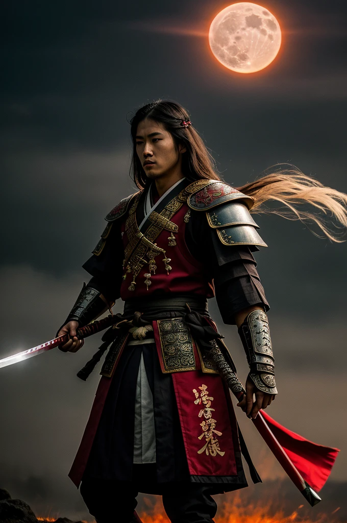 (best quality,4k,8k,highres,masterpiece:1.2),ultra-detailed,(realistic,photorealistic,photo-realistic:1.37),samurai,master swordsman,bold posture,towering presence,fierce warrior embers,blood-soaked katana,ancient armor,ornate helmet,sharp blade,precision strikes,swift and graceful movements,stoic expression,intense gaze,ethereal mist,falling cherry blossoms,moonlit battlefield,serene sunset,duelling shadows,flaming battlefield,imminent victory,spiraling dragon,divine protection,secrets of the sword,samurai code of honor,skilled swordsmanship,legendary warrior spirit,ancient samurai artistry,unyielding willpower,vibrant red and black color scheme,dynamic action,traditional Japanese calligraphy,mythical creatures,exquisite attention to detail,stark contrast,controlled aggression,intense battle scene,zanshin (lingering presence after striking),timeless legacy.