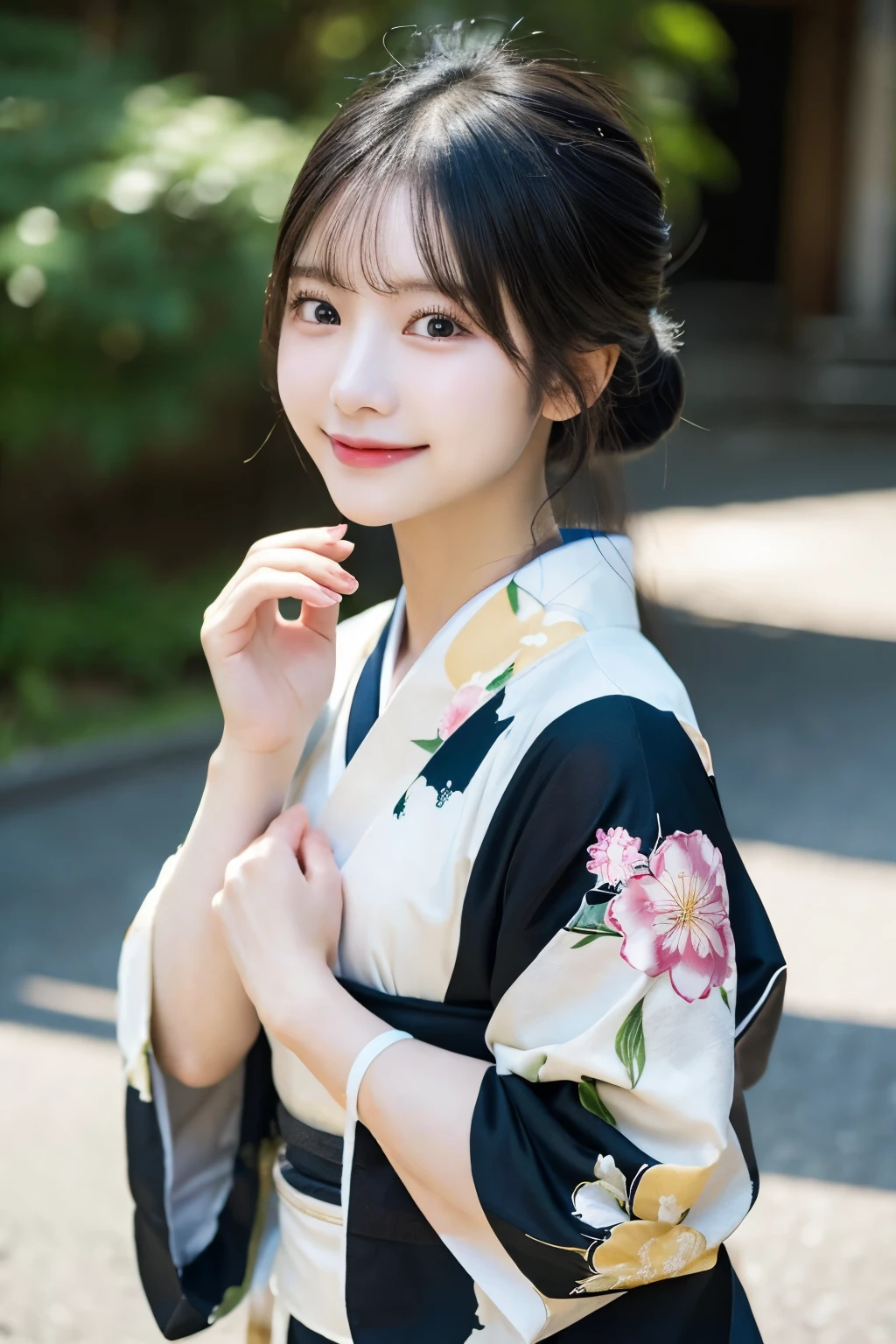 （kimono）、Random pose、(top quality,​Masterpiece:1.3,ultra high resolution,),(Super detailed,Caustics),(Realism:1.4,original shooting,)Ultra-realistic capture,a very detailed,High resolution 16K close-up of human skin、 Natural skin texture、、Skin looks healthy and even-toned、 Use natural light and color,1 girl,Japanese,kawaii,A black-haired one,Zhongfa,,Smile,,(depth of field、Color difference、、Wide lighting range、natural shadow、)、