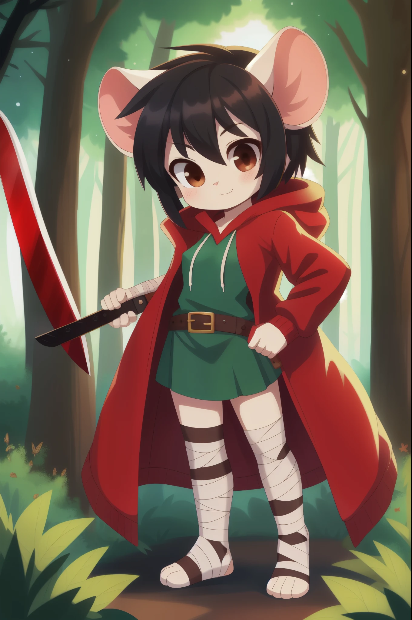 furry girl, mouse, black hair, punk hairstyle, anime style, small breasts, brown eyes, ((green dress, red coat with hoodie, bandages on feets, belt)), high quality, detailed body, detailed eyes, detailed face, masterpiece, glistening body, detailed body fur, best quality, White body fur, perfect lighting, perfect shadows, perfect eyes, perfect hair, perfect face, gorgeous body, :3, holding a sword, full body, feets whit three toes, forest,