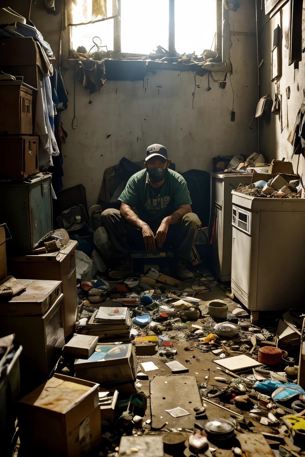 A hoarder, drowning amidst a sea of garbage and clutter, lies trapped within the cramped confines of a house overrun by insects and vermin. Piles of discarded items, a chaotic amalgamation of once-valuable possessions and worthless detritus, engulf every available space. The putrid odor of decaying matter permeates the stale air, casting an oppressive pall over the scene. Sunlight streams in through dusty windows, illuminating the lurking shadows and revealing the hordes of bugs and roaches scurrying across the mounded piles. The hoarder, half-buried beneath the debris,