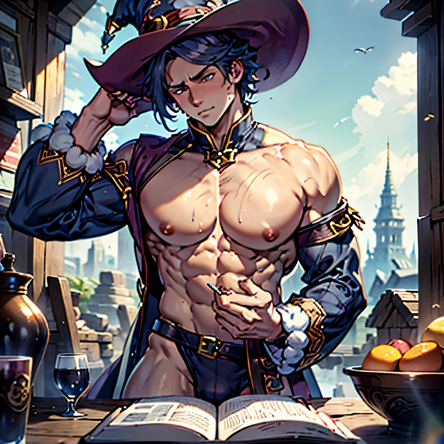 A young adult lean slightly muscular mage male character with longer brown hair and witch hat wearing erotic mage clothes that are too small for his manly breasts and his  dick visible, he is reading grimoire and casting a spell that makes him extra horny (as a result his breasts are inflating and lactating), NSFW,porn, (inspired by monster souls game), 