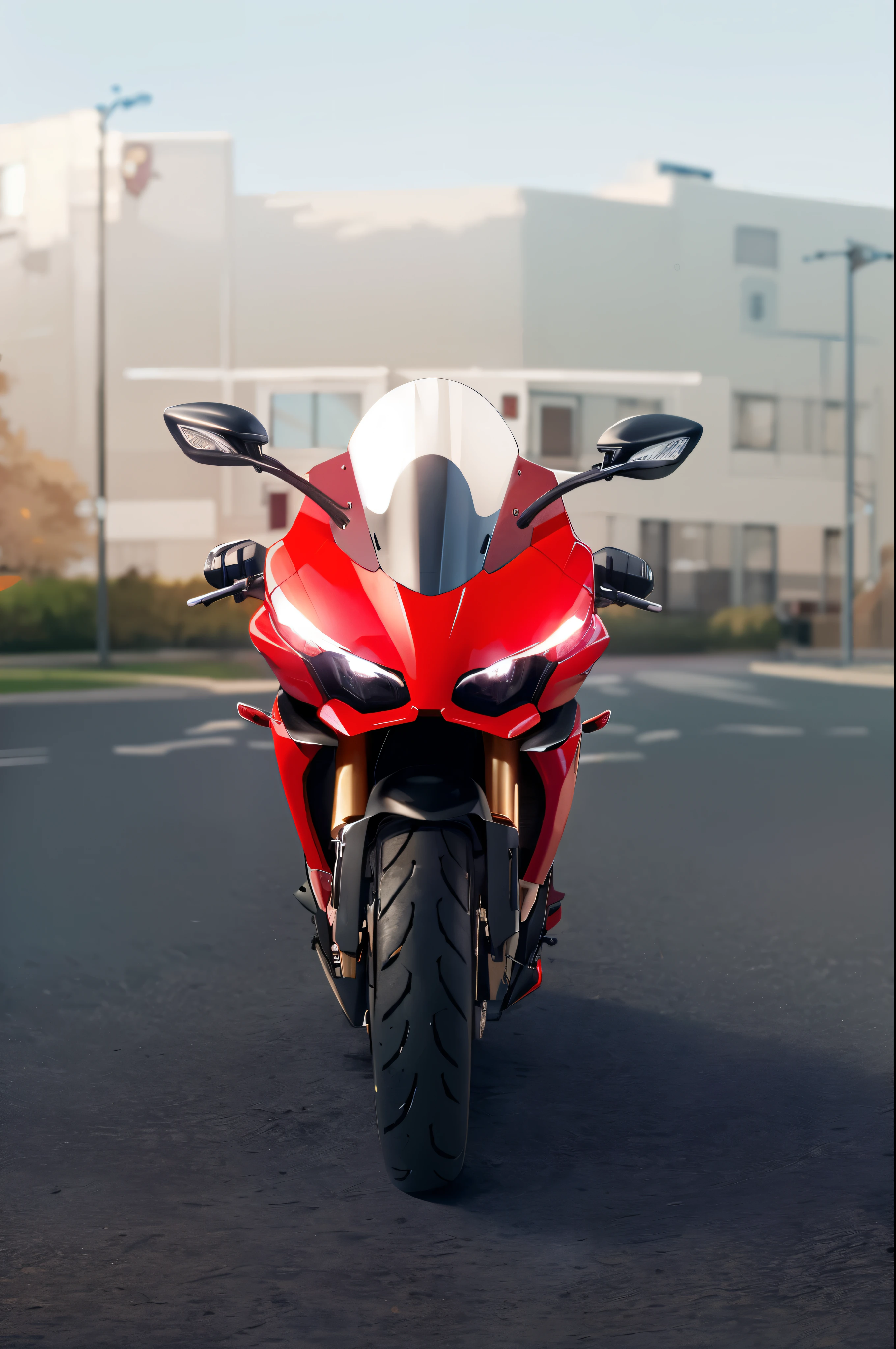 there is a red motorcycle parked in a parking lot, cinematic front shot, closeup portrait shot, front perspective, portrait shot, front view dramatic, front profile shot, huge ducati panigrale motorbike, mid shot portrait, closeup shot, front shot, hyper realistic”, hyper realistic ”, one motorbike in center of frame, frontal shot, intense look, cinematic full shot