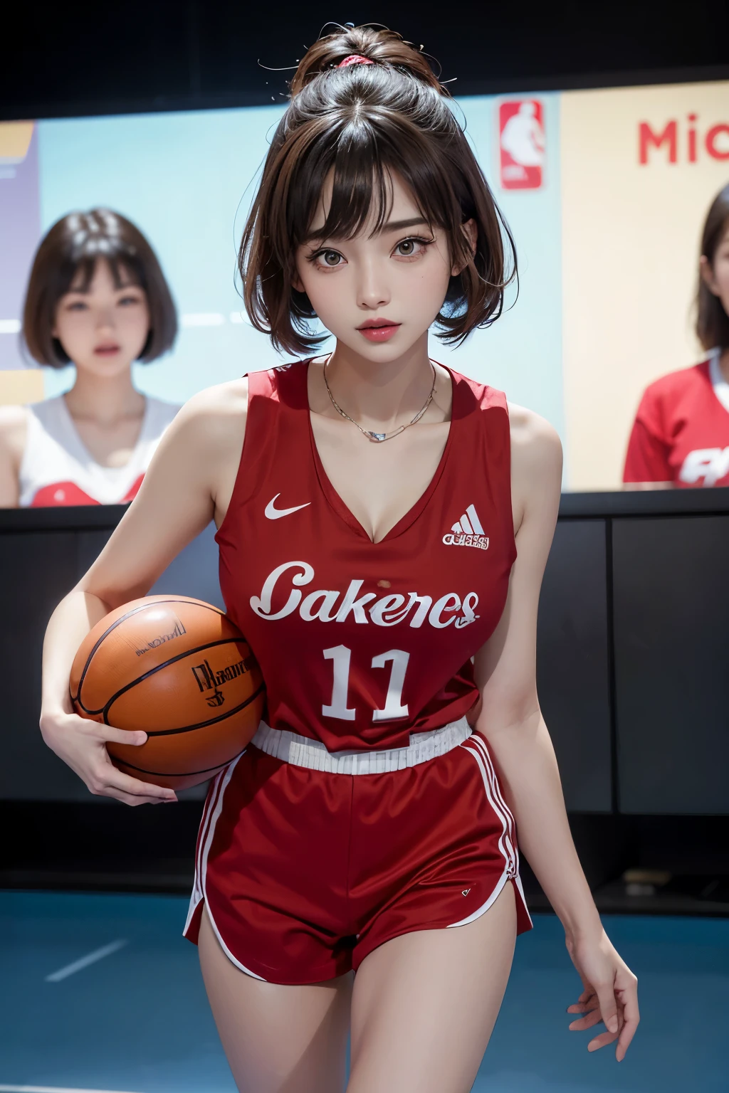 (RAW photo,4k,master piece,High resolution,very complicated)(reality的:1.4),映画のような照明 face立ちの繊細な女の子 1 女の子, single focus, Looks like a whole body,summer afternoon, play basketball,red uniform、thermography, 1990s\(with style\),white skin,(the biggest,cleavage), (highest quality), (High resolution), (very delicate and beautiful),,(Beautiful 8K face),(brown eyes),(Ulzzang-6500:1.0),(big breasts),(NBA),(basketball sportswear),((play basketball)),((Gym)),((speed)),(reality),(Chiayi:1.5), closeup cleavage, master piece, best quality, RAW photo撮影, reality的, face, incredibly ridiculous resolution, beautiful girl, adorable, short and fine hair, Depth of the bounds written, High resolution, super detailed, small details, very detailed, 非常に詳細な目とface, sharp pupils, reality的な生徒, fix a sharp focus, cinematic lighting