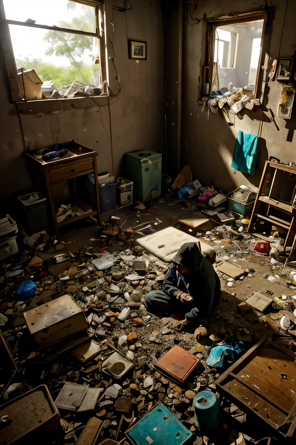 A hoarder, drowning amidst a sea of garbage and clutter, lies trapped within the cramped confines of a house overrun by insects and vermin. Piles of discarded items, a chaotic amalgamation of once-valuable possessions and worthless detritus, engulf every available space. The putrid odor of decaying matter permeates the stale air, casting an oppressive pall over the scene. Sunlight streams in through dusty windows, illuminating the lurking shadows and revealing the hordes of bugs and roaches scurrying across the mounded piles. The hoarder, half-buried beneath the debris,