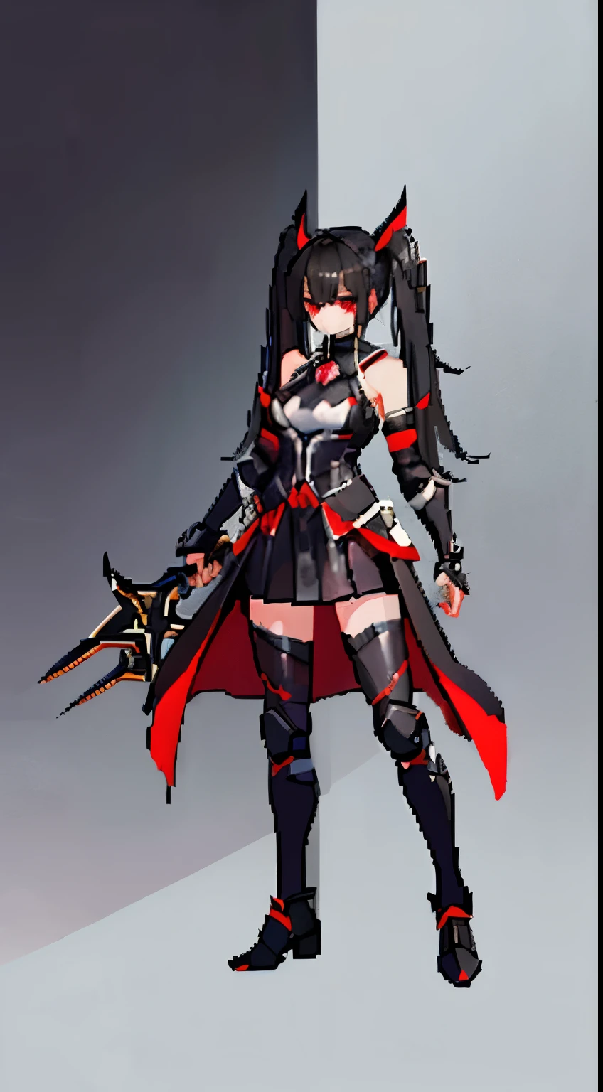 woman, 1 girl, black knight girl, black hair, Twin tails in hair, black hairpin headdress, dark red eyes, medium body shape, Combat skirt, black dress color，silver details, Armor parts for arms and legs, Color Arm parts Black, NSFW, Weapon black spear,

