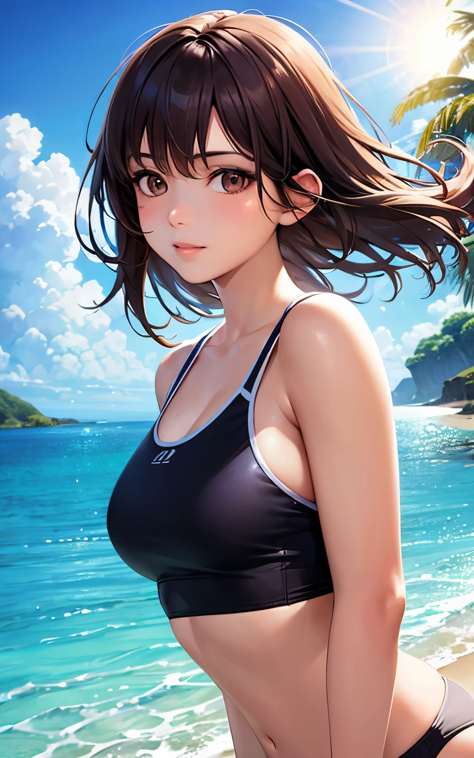 best quality, cute girl, resort island, bright sun, smooth skin, lively atmosphere, realistic, digital painting, refreshing water, energetic atmosphere, vibrant colors, (colorful swimwear), brown eyes, Upper body is shown,
