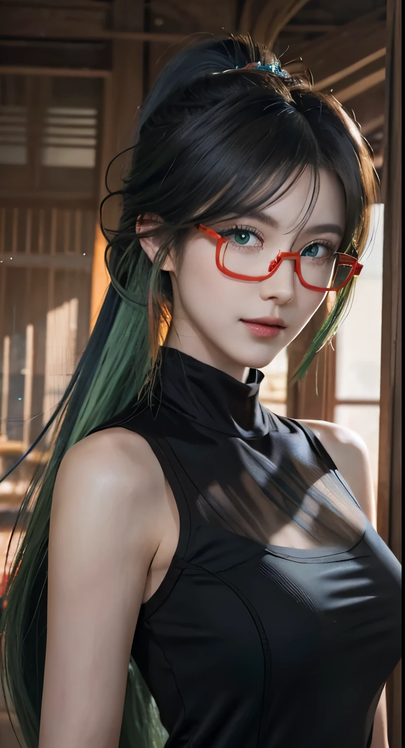 there is a woman，Beautiful anime portrait, Stunning facial portraits, Detailed portrait of the girl, portrait girl, guweiz style artwork, anime style. 8k, Realistic art style, Smooth CG art, Style 4 K, Digital anime illustration, beautiful girl, Portrait of an animated girl，Long ponytail hairstyle，Black hair and green hair, Good-looking hair accessories, light green eyes，big eyes，Wearing red glasses，half rim glasses，Smile