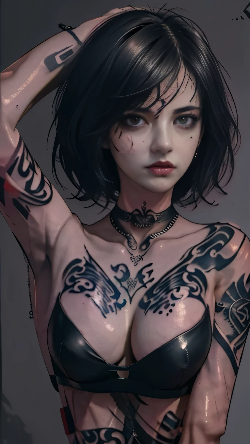 Angry Face, BDSM,slave,Rubber,Black Corset,Bondage,Collar,NSFW,((Best Quality, 8k, Masterpiece:2))), Crisp Focus: 1.2、(Layer Cut, Big:1.3),Beautiful Woman with Perfect Figure: 2、Slender Abs:2、Wet Body:1.6、Highly Detailed Face and Skin Texture、Detailed Eyes、Double Eyelids,cool beauty,tall woman,short hair,black hair,Precisely expresses details such as face and skin texture,beautiful eye, double eyelid,delicate skin,slender body shape,alone,(medium breasts:1.8),(beautiful tattoo:1.9)
