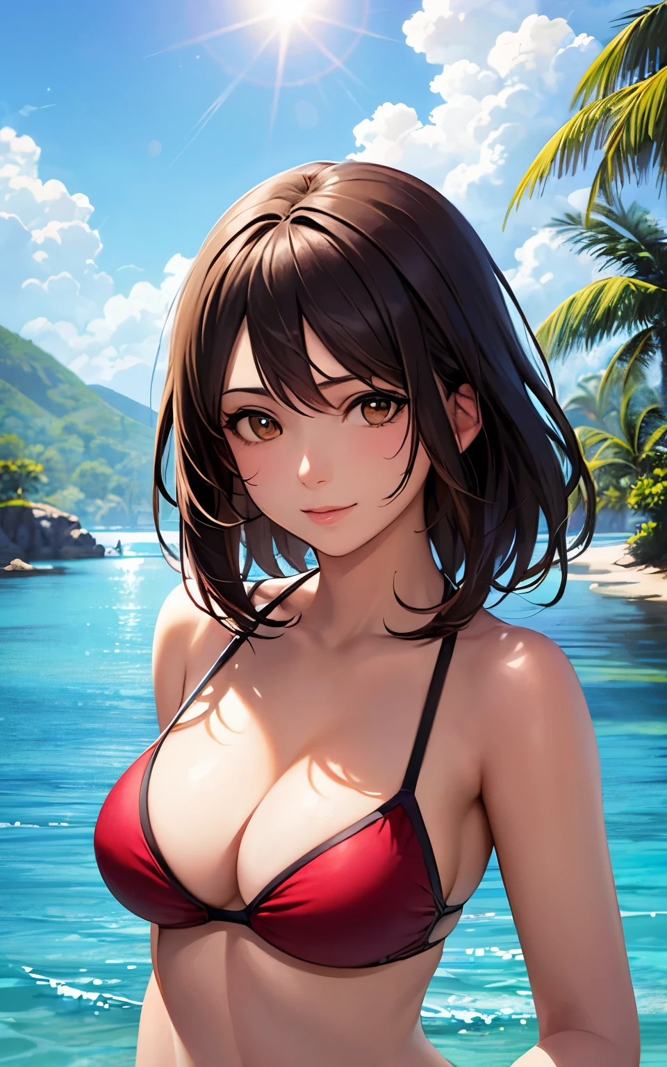 best quality, cute girl, resort island, bright sun, smooth skin, lively atmosphere, realistic, digital painting, refreshing water, energetic atmosphere, vibrant colors, (colorful swimwear), brown eyes, Upper body is shown,