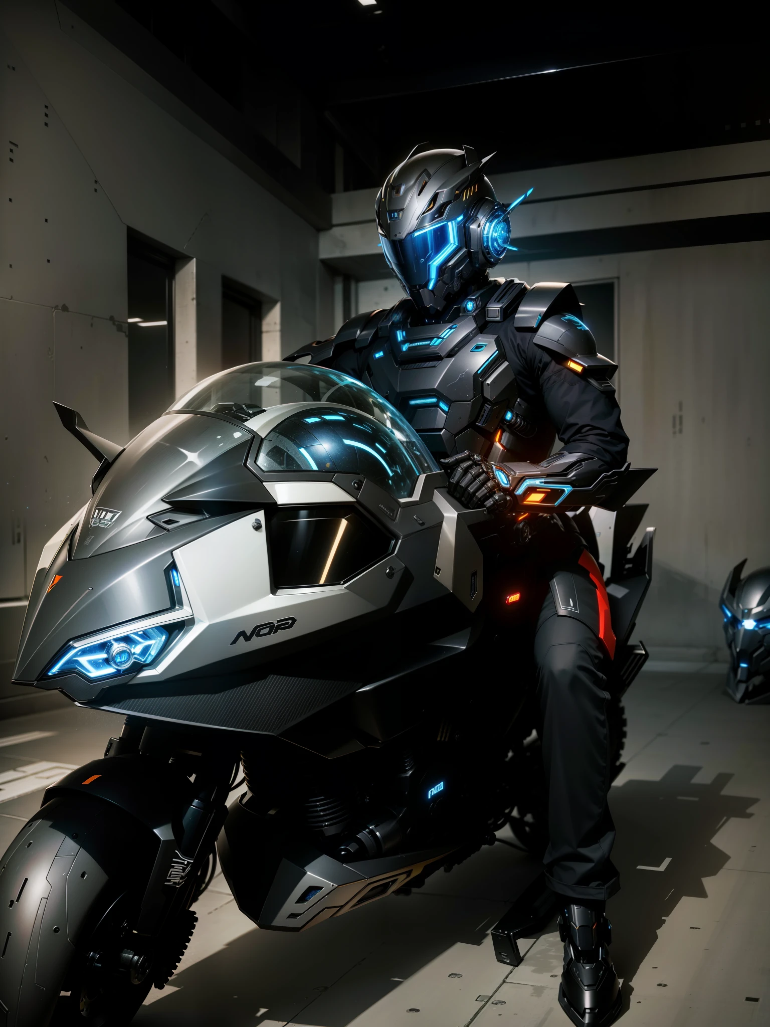 Handsome mecha cyber warrior，Information mechanical motorcycle，High-tech black full-face helmet，Noor， Biomechanics SHN People，High-tech helmet，Surreal， steel， complex design， Very detailed Very detailed， The lines are extremely clear， light， Real shot， detailed masterpiece