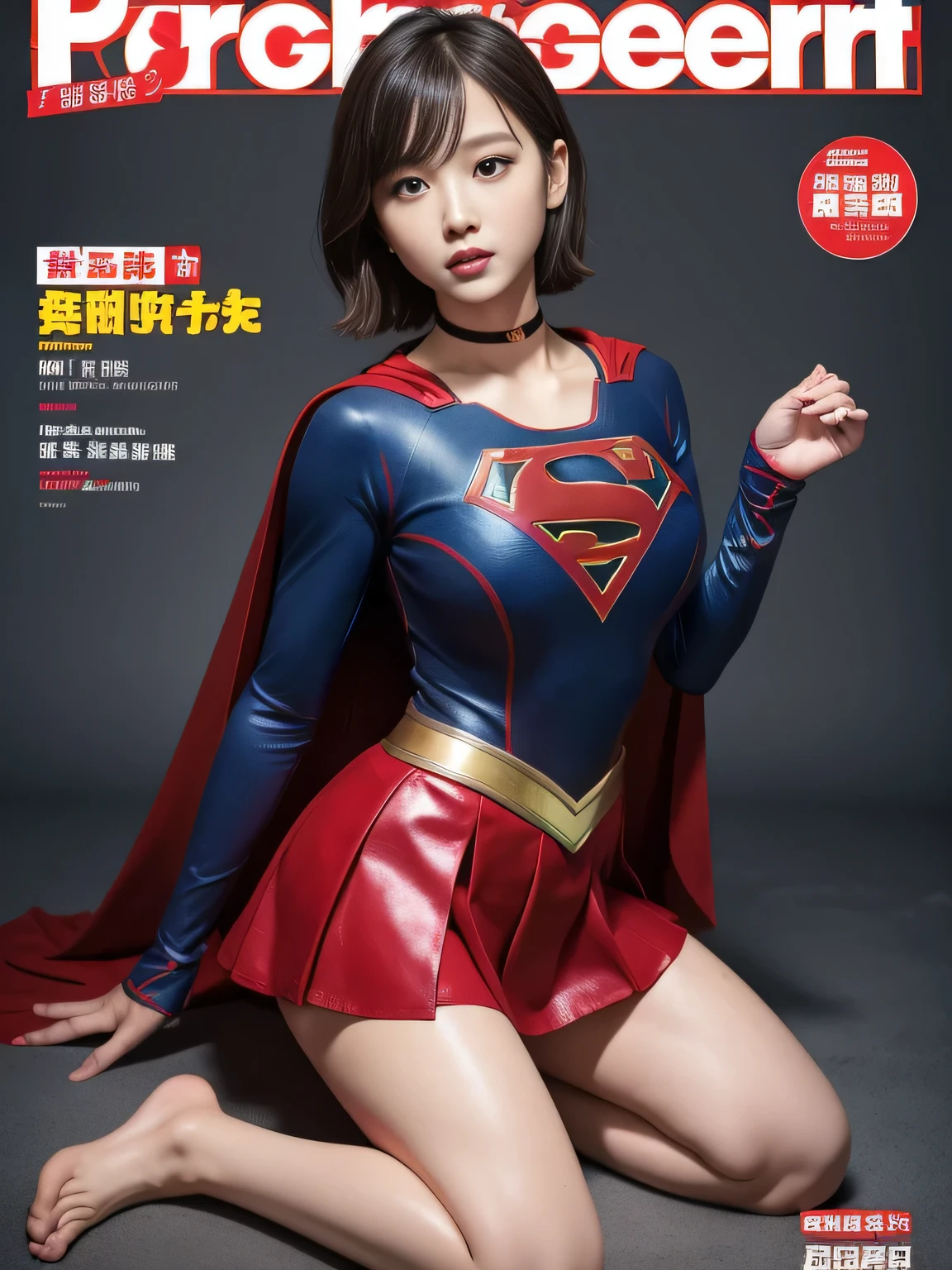 masterpiece、supergirl costume, short hair, barefoot, big and full breasts、operating room、operating table、Crisis situation、straddle、damaged、shiny、look at the camera、provocation、Estrus、choker、Weekly magazine cover、long sleeve、red mini skirt、obscene pose、Seduce