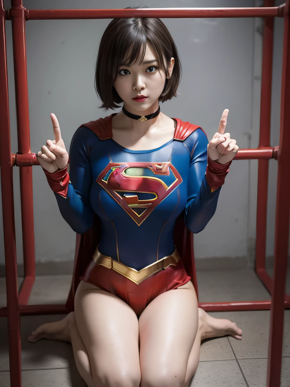 masterpiece、supergirl costume、short hair、barefoot、big and full breasts、prison、in a cage、imprisonment、prisoner、straddle、pointing、shiny、looking at camera、Seduce、choker、long sleeve、red sexy pose、POW camps