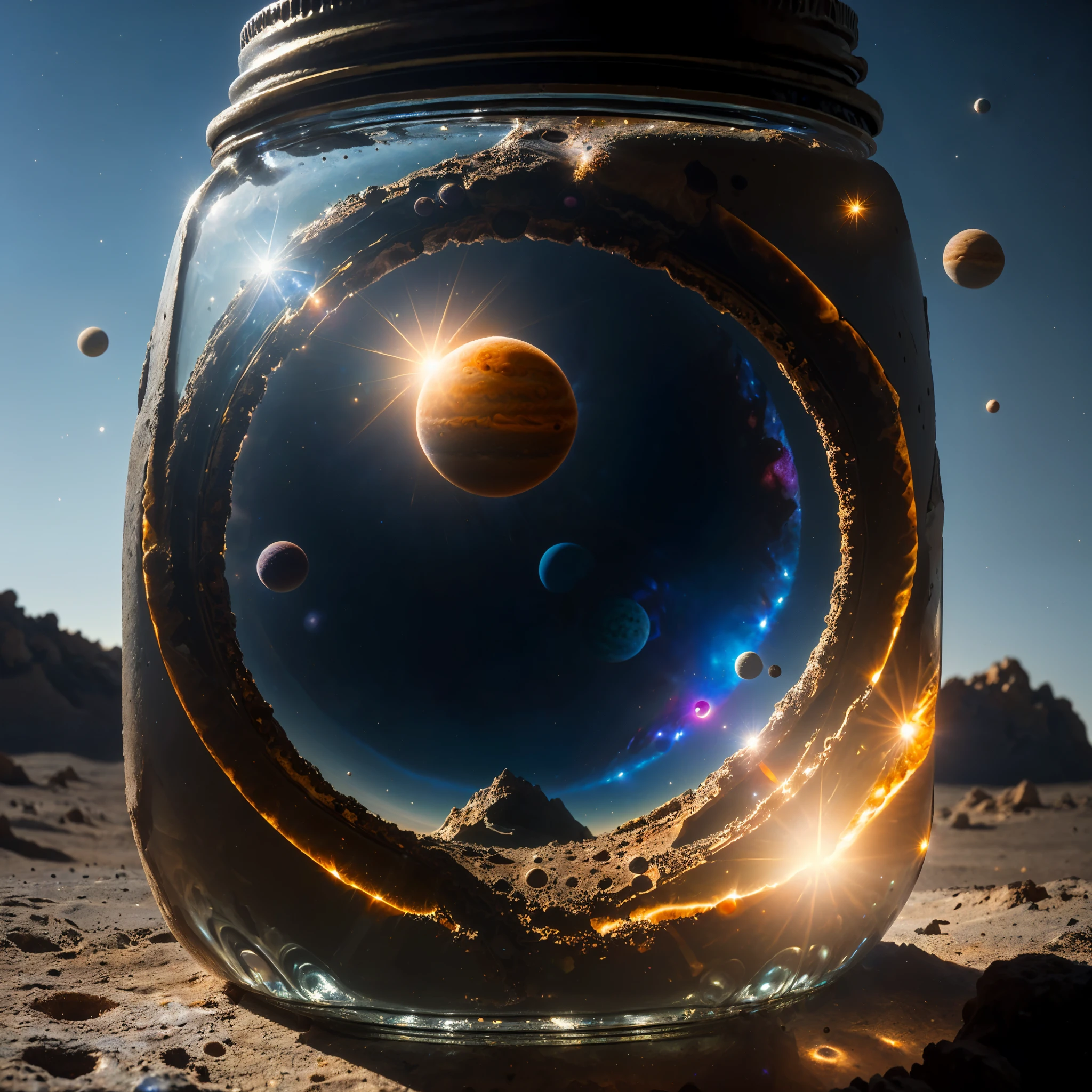 (An intricate mini-solar-system tucked inside a square glass jar with lid), macro photography in close-up, (Sun, Jupiter, Saturn, Earth and other planets, Solar System), (a photo of Solar System area), isometric