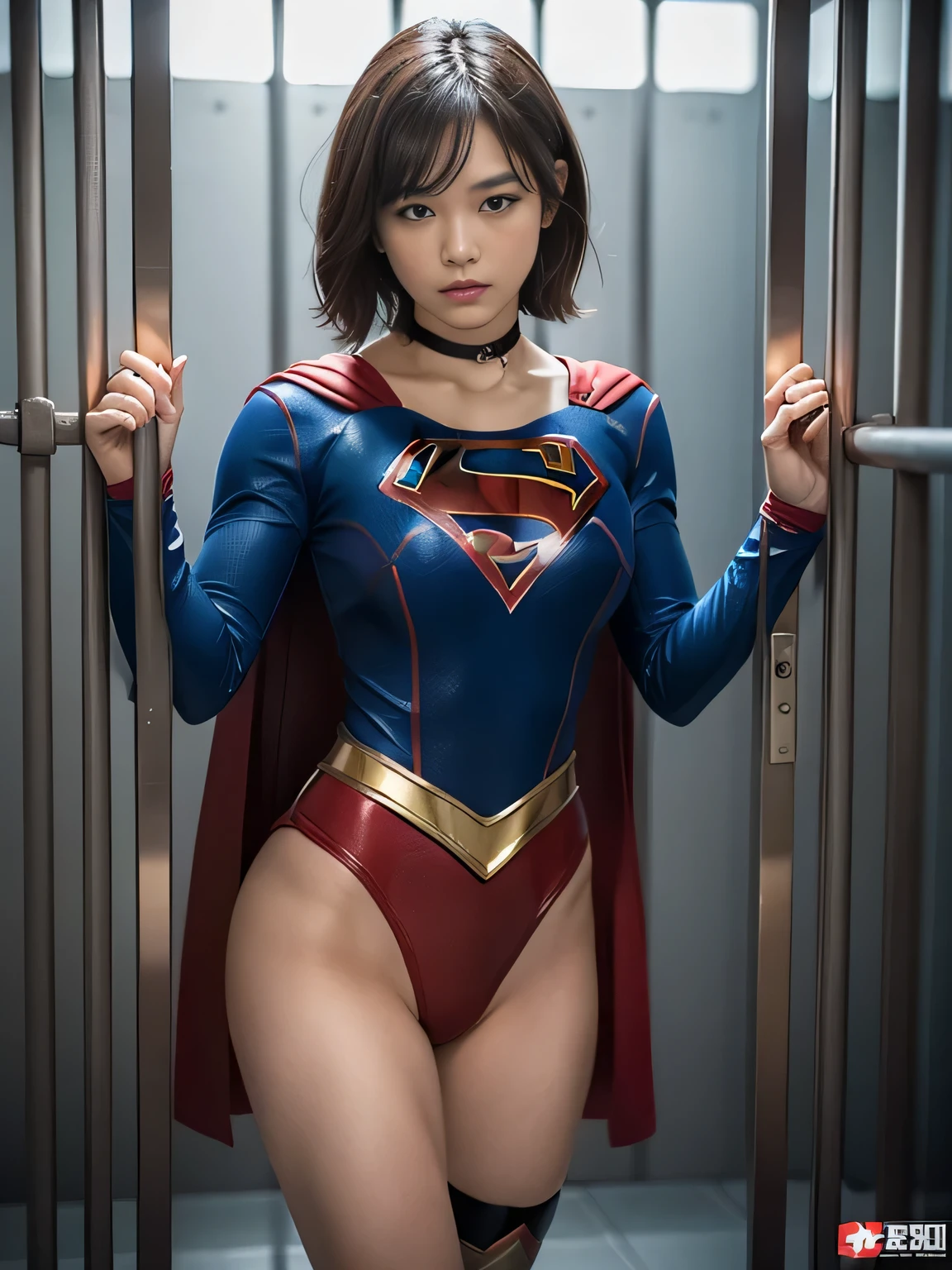 masterpiece、supergirl costume、short hair、barefoot、big and full breasts、prison、in a cage、imprisonment、prisoner、straddle、handcuffs、shiny、looking at camera、Seduce、choker、long sleeve、red sexy pose、POW camps
