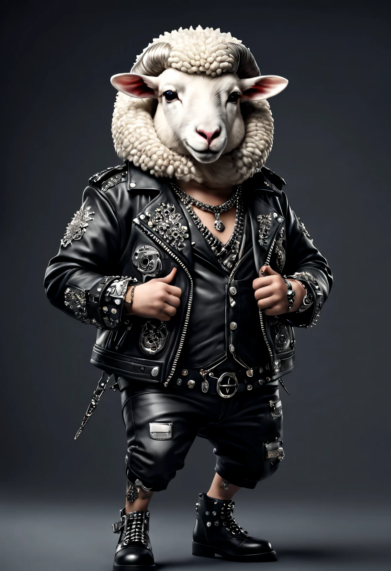 photorealistic portrait of Dressed animals - a ((fat) sheep punk-rocker, (full body image:1.5), (dancing action pose:1.5), Wearing a tailored black leather jacket featuring intricate silver stud patterns reminiscent of sacred symbols, adorned in a modern punk-rock ensemble,, detailed and opulent description of modern punk-rock style, studio lighting, intricate ornate accessories, simple background