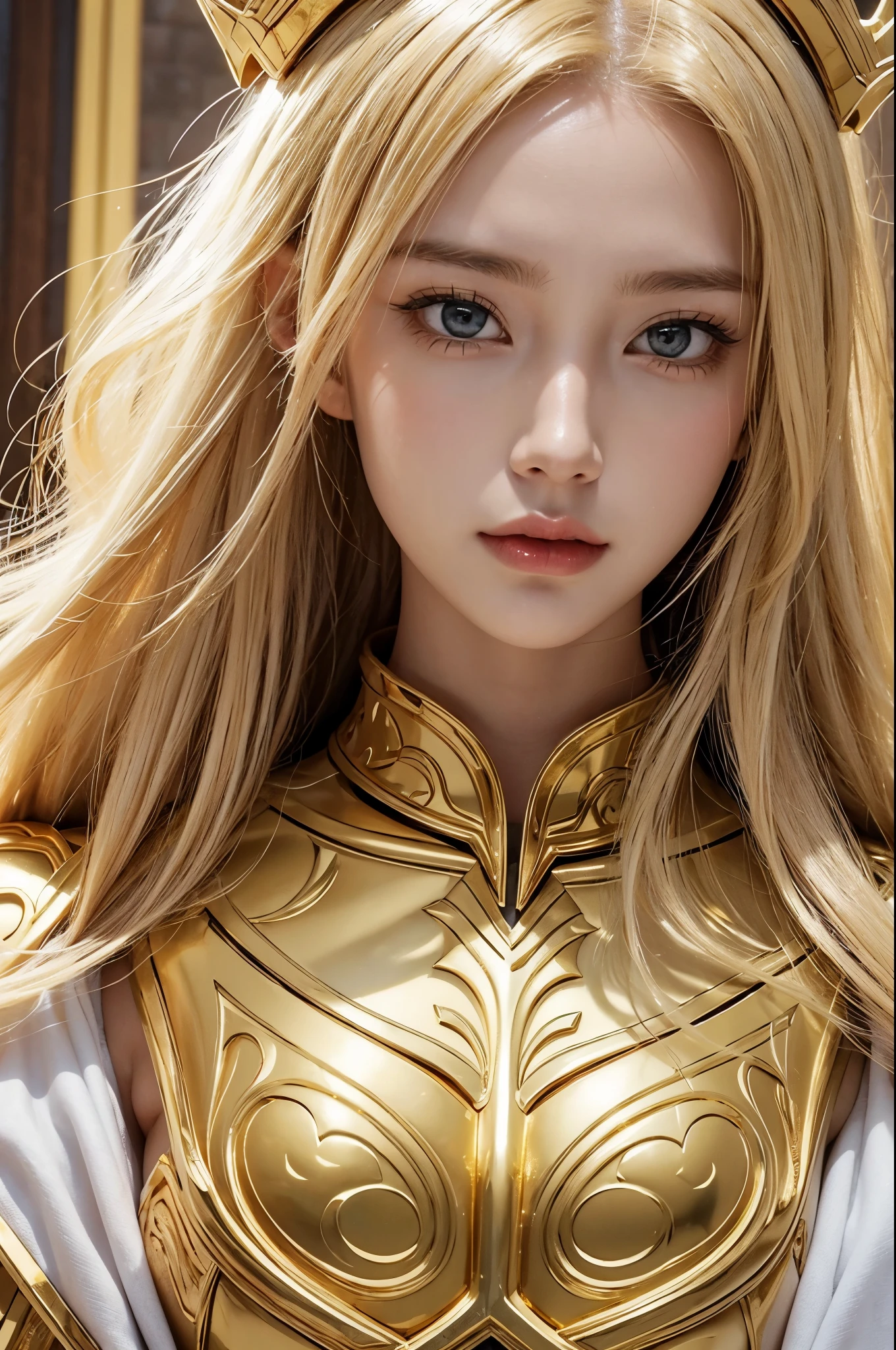 charming Russian model Nata Lee, light blonde hair, Close-up of a gold-clad woman with a white cape, Beautifully patterned gold armor, the sailor galaxia, the god emperor of mankind, Golden armor, Saint Seiya, gold paladin, Light gold armor, goddes, Wearing gold armor, wearing golden armor, Gold armor, golden armor wearing, The goddess of gold, Charismatic, Model standing,The whole body glows like a diamond.