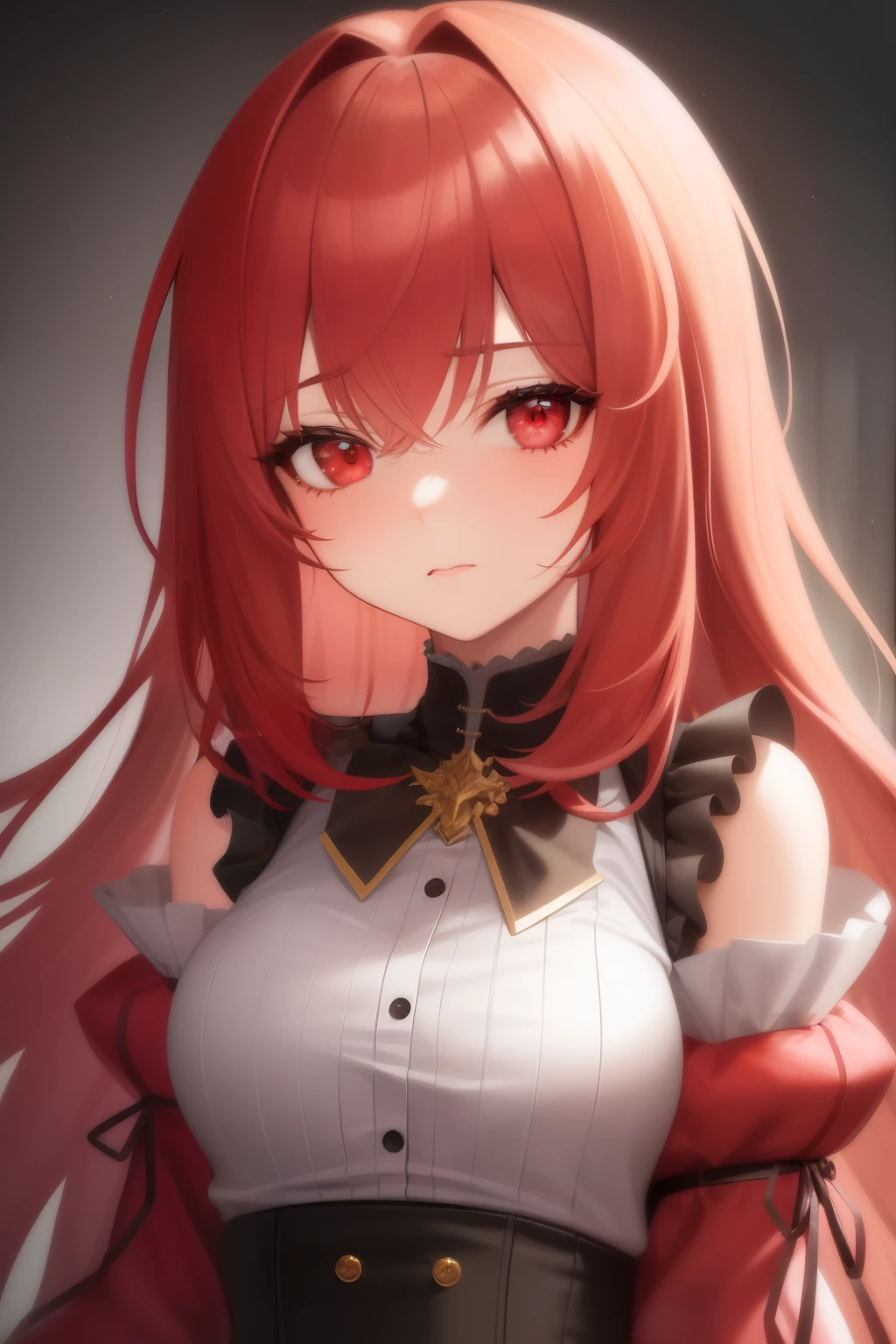 1girl, tiese, red eyes, red hair, solo, portrait, looking at viewer, best quality, high quality, highly detailed, highres, masterpiece,