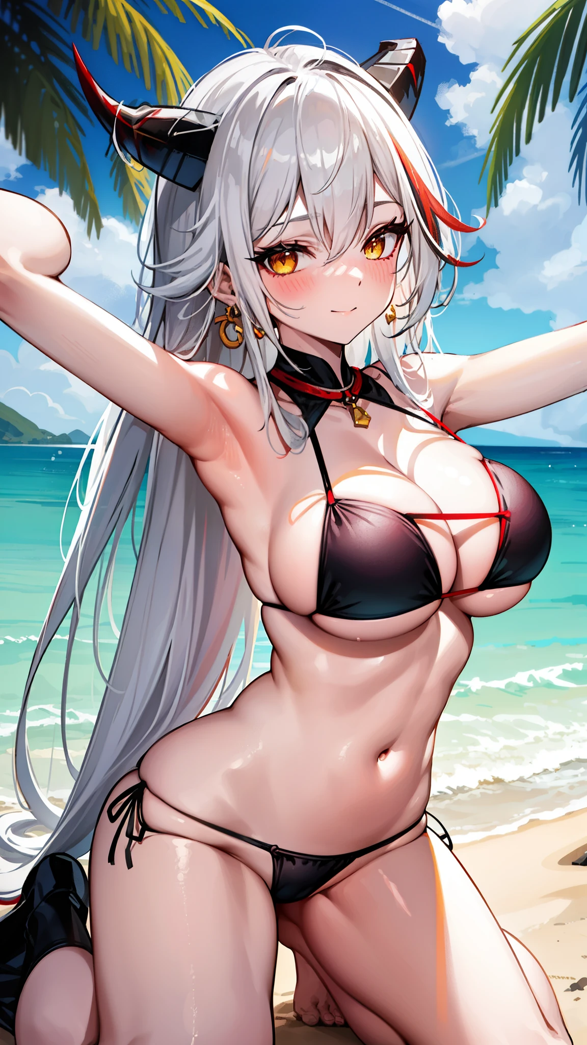 closed mouth, huge breasts, looking at the audience, white hair,,long hair,black horn,red multicolored hair,yellow eyes,,resort beach,kneeling,slim, ,cowboy shot,micro bikini,navel,blush,bright screen,smile,open arms,upper body,bare shoulder,black bikini,cleavage,from below