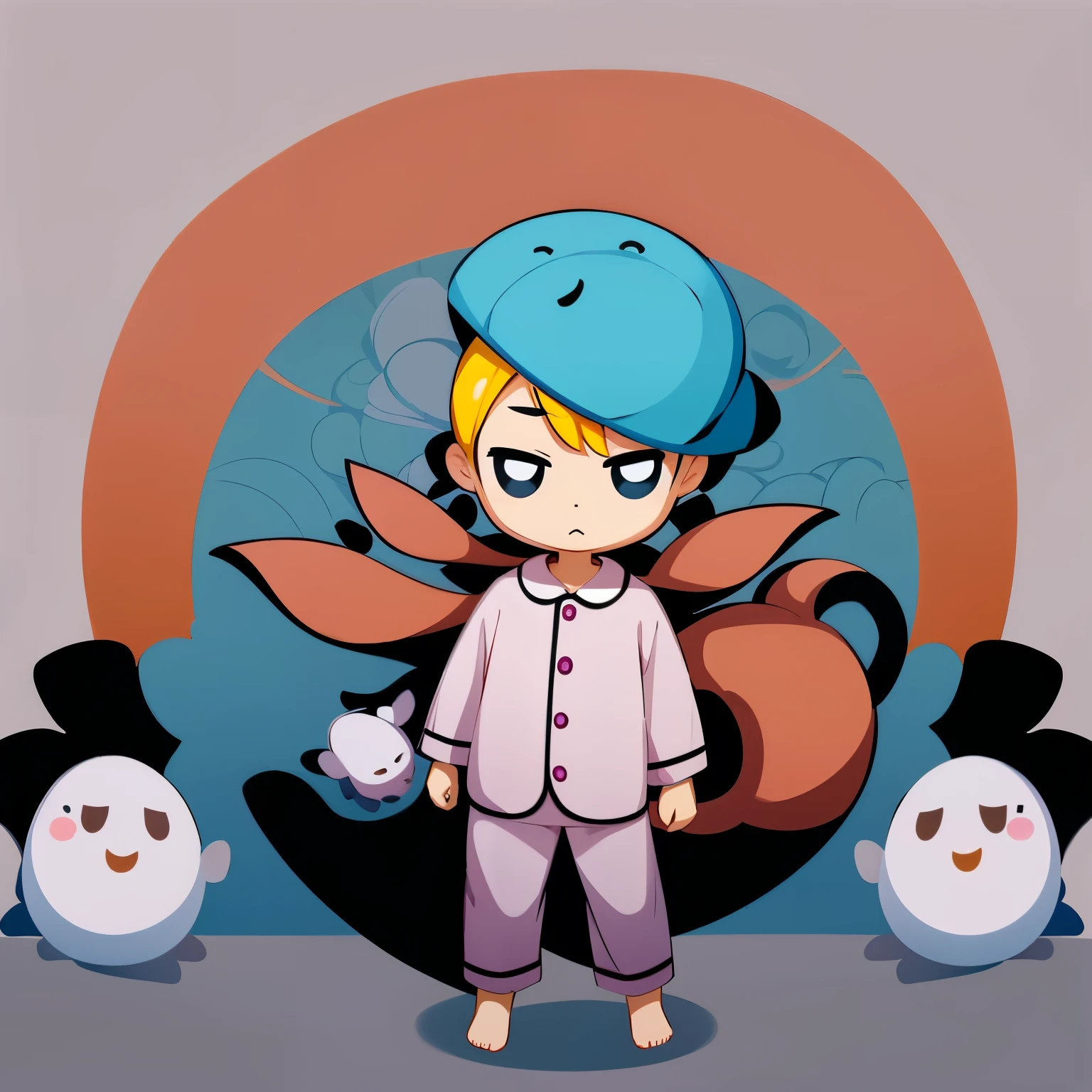 Chibi-Boy,alt rosa,Ghotic,Sunshine,Chibibaby, Designerblatt,4k,Grey Light Background,Apricot light Pastell haired,Pyjama Cute,2D Drawing