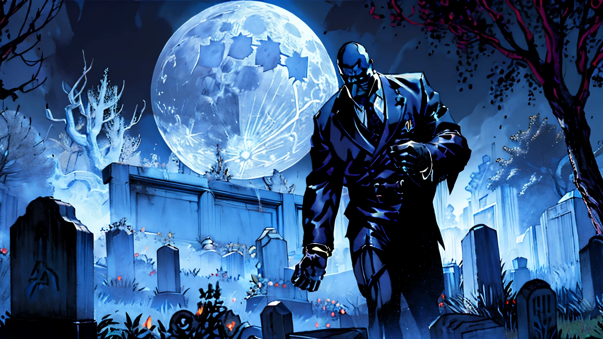 Cemetery security guard walks through a gloomy cemetery full of ghoulish trees and ancient tombs on a full moon night, encounters an evil creature surrounding a black aura