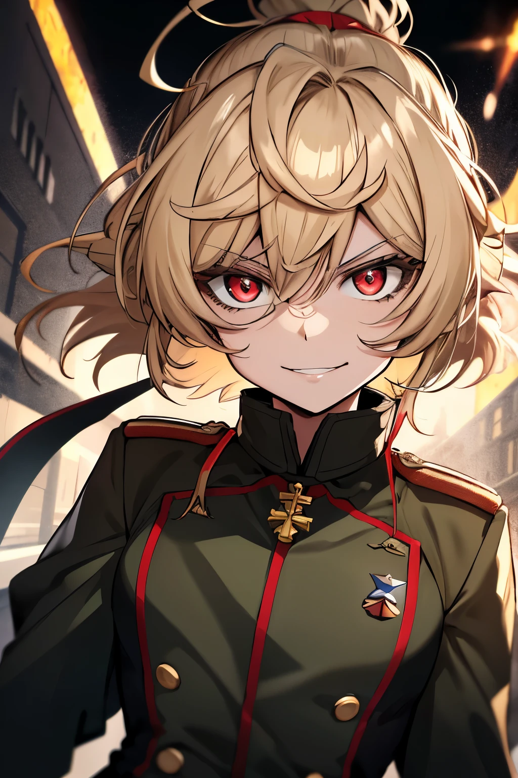 (masterpiece, best quality: 1.1), 1girl solo, tanya, 1girl, solo, , flat chest, small breasts, curvy, military, military uniform, ,, evil smile, wicked expression, anger, red eyes, neutral lighting