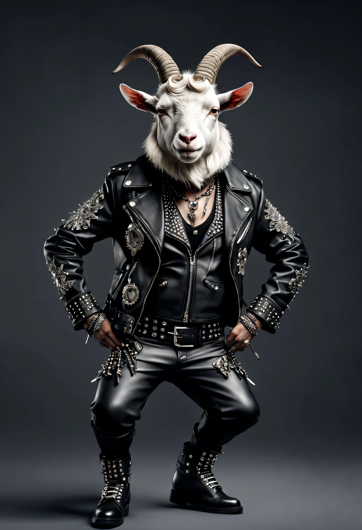 photorealistic portrait of Dressed animals - a ((fat) goat punk-rocker, (full body image:1.5), (dancing action pose:1.5), Wearing a tailored black leather jacket featuring intricate silver stud patterns reminiscent of sacred symbols, adorned in a modern punk-rock ensemble,, detailed and opulent description of modern punk-rock style, studio lighting, intricate ornate accessories, simple background