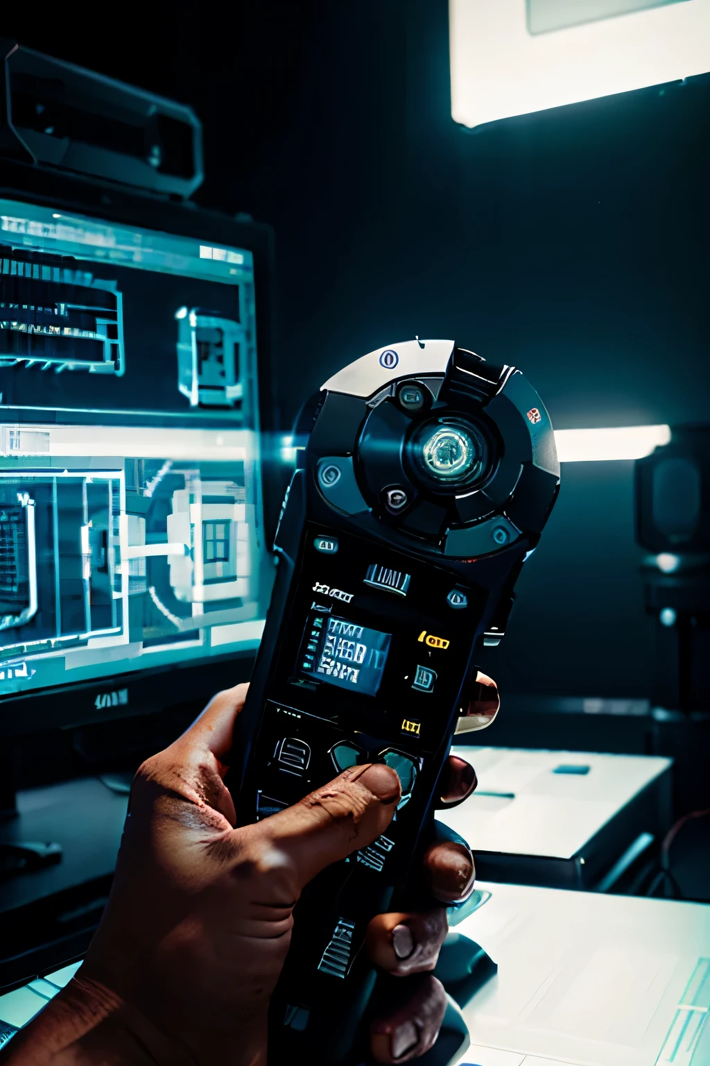 Handheld code scanning gun equipment,technical background,studio lighting, Clear outline,I went,tech style,high quality, many details, 4k, industrial design, the smallest, Hologram transparent background
