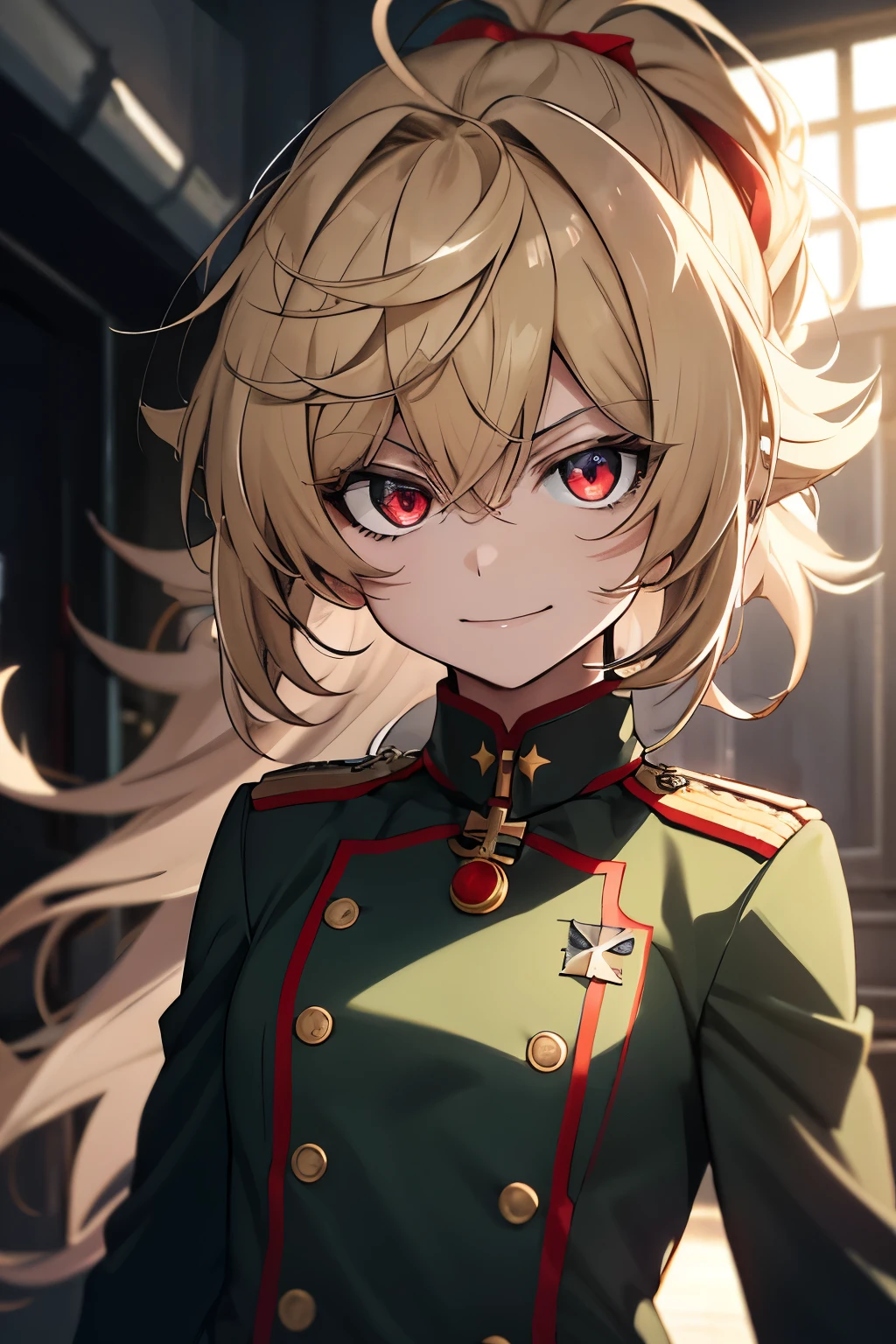 (masterpiece, best quality: 1.1), 1girl solo, tanya, 1girl, solo, , flat chest, small breasts, curvy, military, military uniform, ,, evil smile, wicked expression, anger, red eyes, neutral lighting