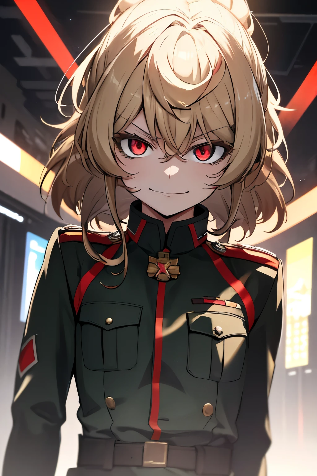 (masterpiece, best quality: 1.1), 1girl solo, tanya, 1girl, solo, , flat chest, small breasts, curvy, military, military uniform, ,, evil smile, wicked expression, anger, red eyes, neutral lighting