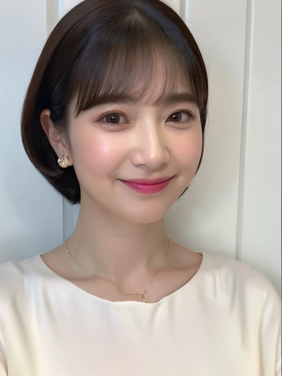 masterpiece、highest quality、high detail、1 female、(Photoreal:1.4)、solo、white background、long sleeve shirt、Taken in front of the white door、short hair、close your mouth、Smile、smile happily、beautiful black hair、length、Big eyes、Clear double eyelids、eyelash、Please show your ears、long neck、((close up of face))、(cap、Draw all the shoulders)、40 years、attractive proportions、glowing skin、beautiful clavicle、golden ratio face、perfect face、Tears mole、bangs、きれいなbangs、lip gloss、thin lips、white skin、