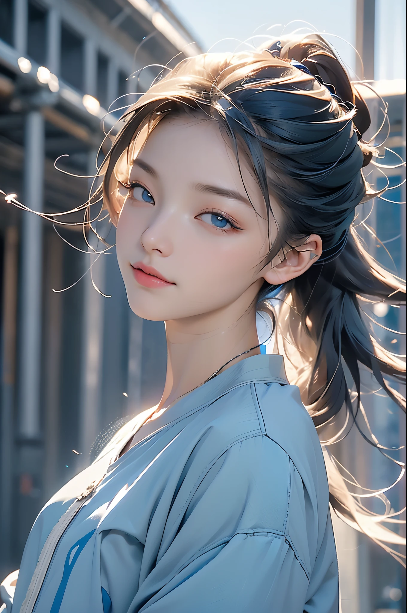 1 boy,Shota,(HD quality,masterpiece级别),(异色的眼睛和light blue hair的颜色相互呼应),clean lines,masterpiece, (light blue hair), heterochromatic eyes,(wolf ears),(wolf tail),((a tail)),(a with),Slim type,Hair is dull,brown highlighter,Has fair skin,low ponytail,sportswear,windbreaker,short sleeves,short sleeves运动衫,Look at the sky,blue sky,Don't look at the camera,close eyes,snowfield