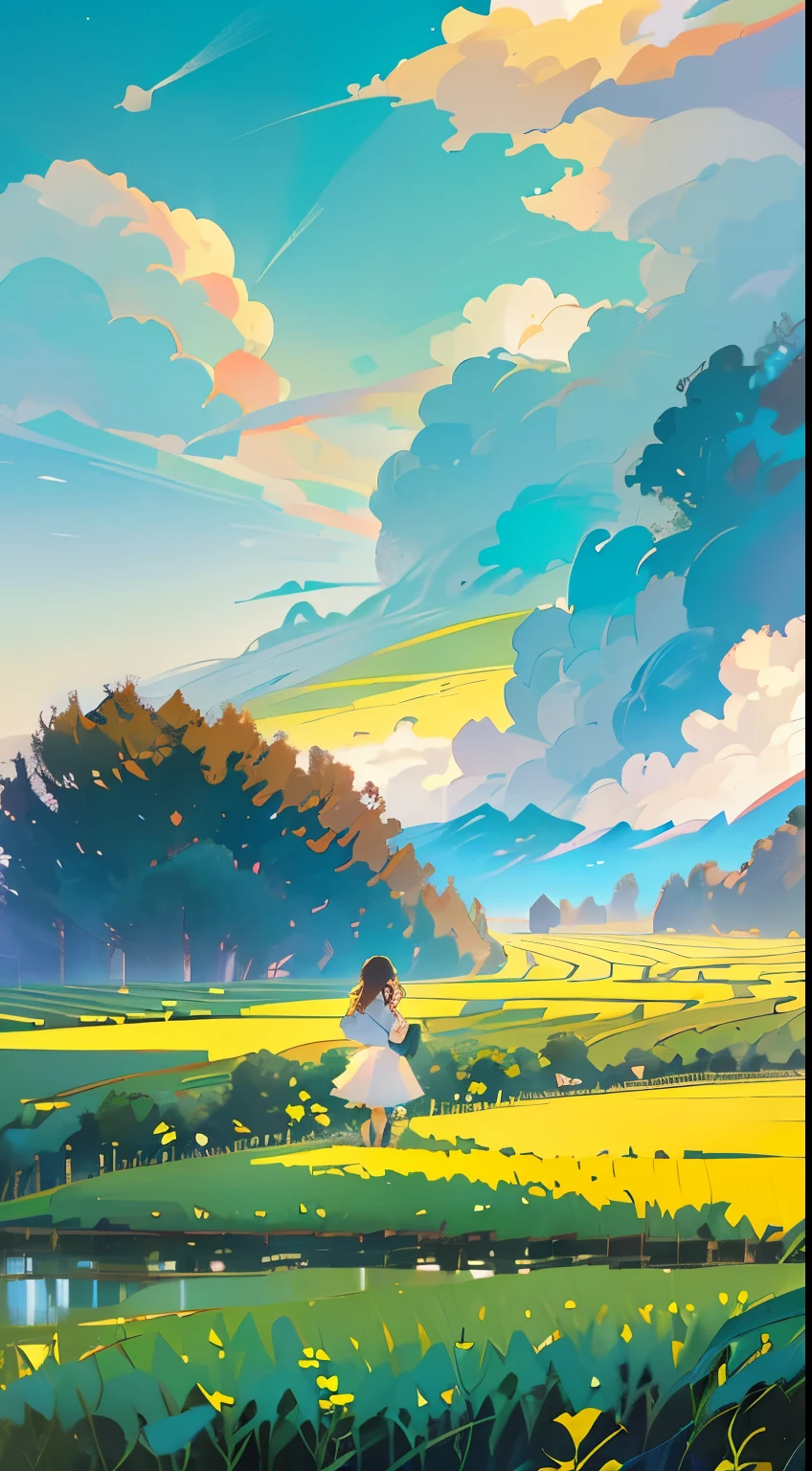 Rows of houses in the countryside, big clouds, blue sky, rice fields, neat rice seedlings in the fields, forests, hillsides, secluded, countryside, HD detail, hyper-detail, cinematic, surrealism, soft light, deep field focus bokeh, ray tracing and surrealism. --v6