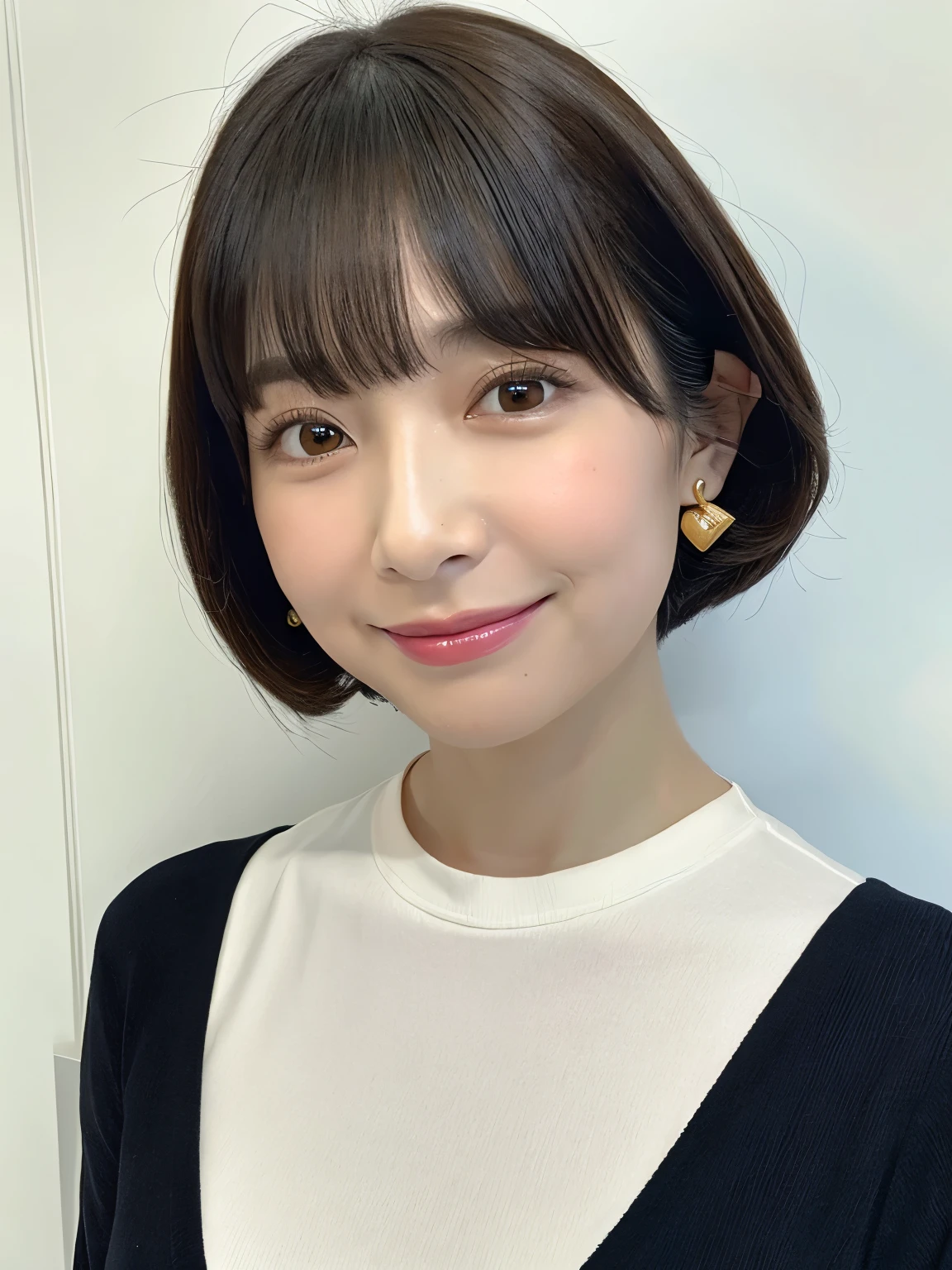 masterpiece、highest quality、high detail、1 female、(Photoreal:1.4)、solo、white background、turn to the side、don't look at the camera、long sleeve shirt、Taken in front of the white door、short hair、close your mouth、Smile、smile happily、beautiful black hair、length、Big eyes、Clear double eyelids、eyelash、Please show your ears、long neck、((close up of face))、(cap、Draw all the shoulders)、40 years、attractive proportions、glowing skin、beautiful clavicle、golden ratio face、perfect face、Tears mole、bangs、きれいなbangs、lip gloss、thin lips、white skin