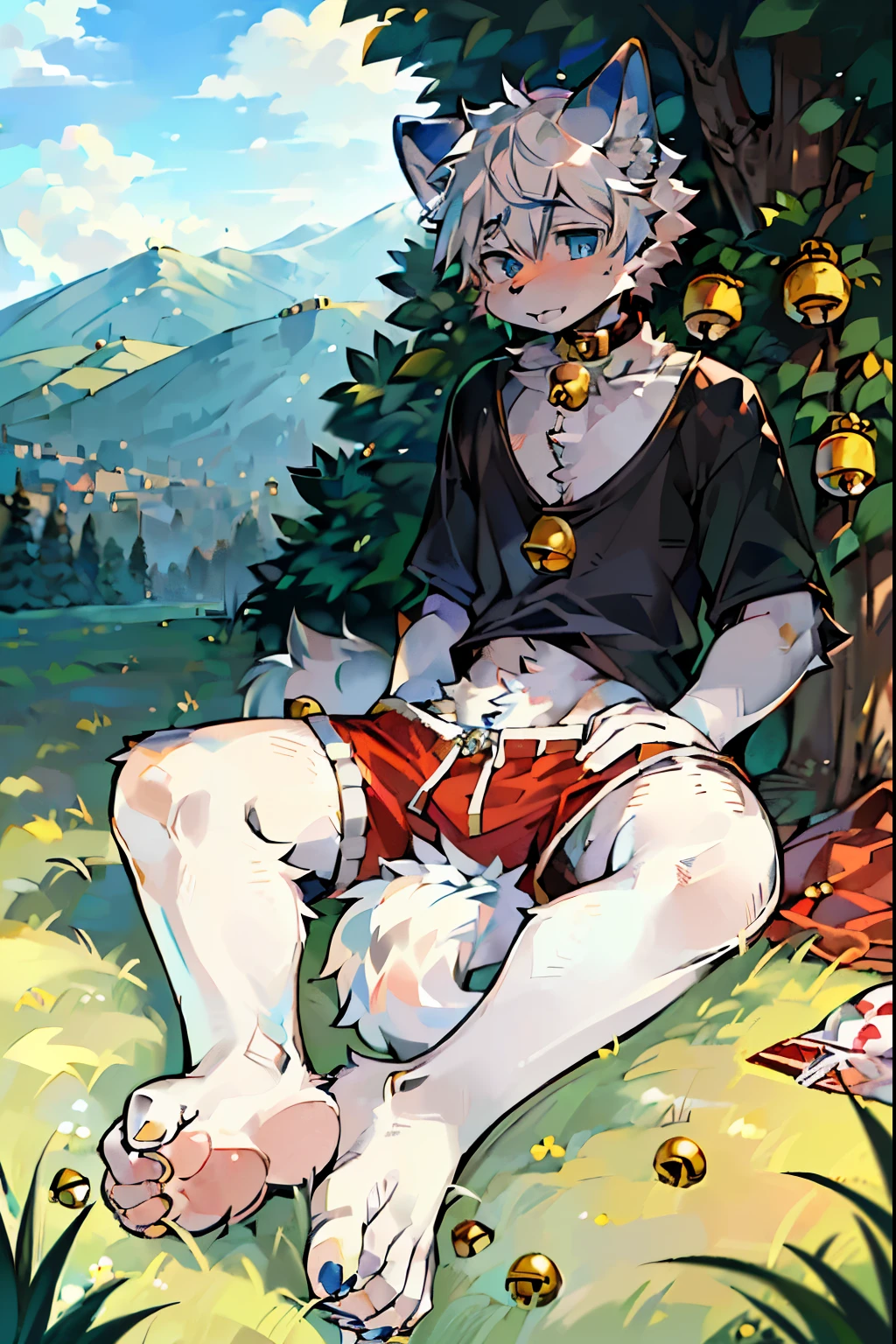 masterpiece, high quality, ridiculous resolution, number \ (artwork \), by dagashi, Yes, Kiyoyama, (fluffy fur, white fur, Full body fur,). boys, blue eyes, white hair, shorts, barefoot, Bright Eyes, panoramic, Character focus. Detailed background, eat, Outdoor activities, Grass, (bells, collar, loose clothes: 1.2)