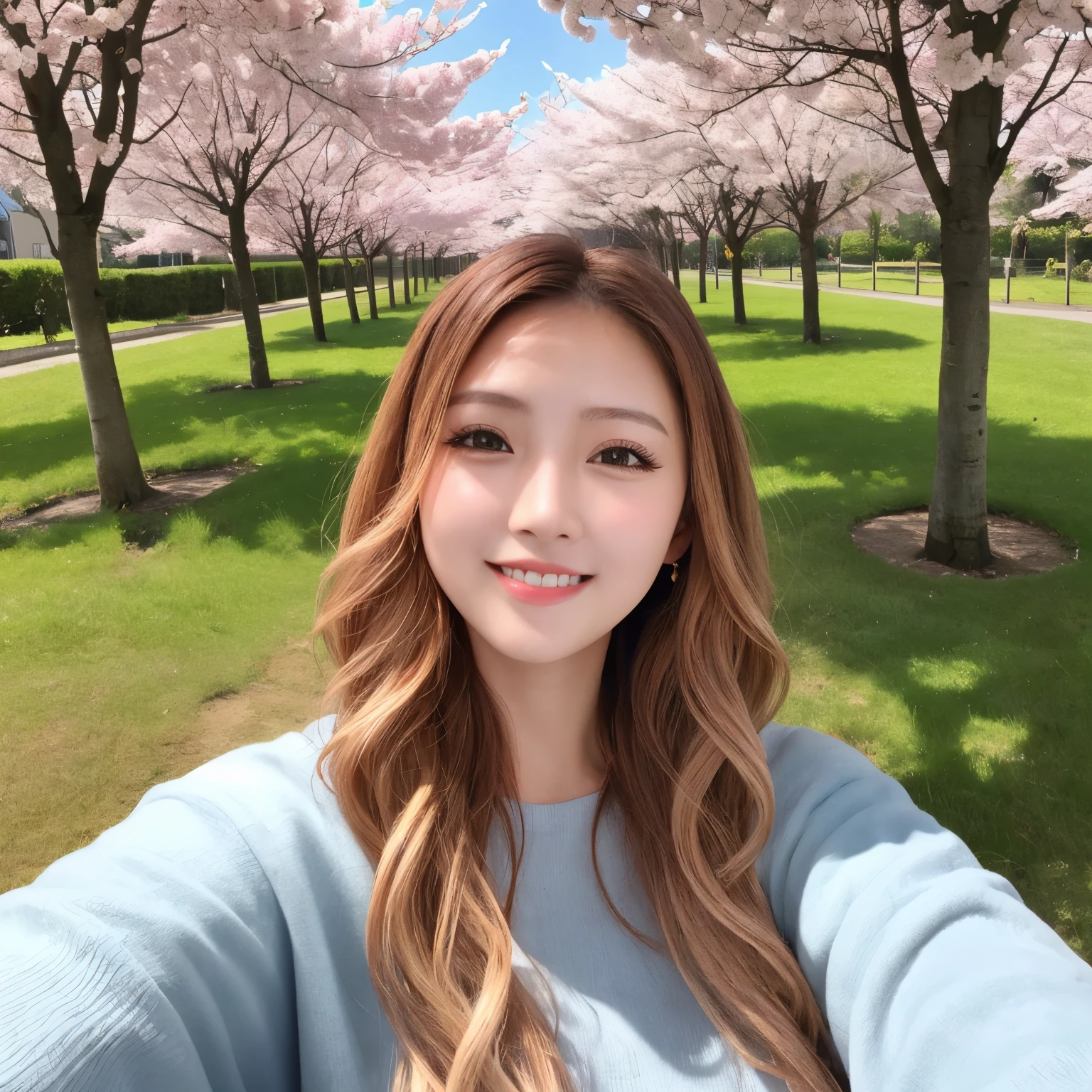 Photorealsitic:1.4, 3 beautiful japanese gals, selfie, face enhancement, face zoom, big smile, Long blonde hair, wavy hair, dark skin, row of cherry trees, looking up from below