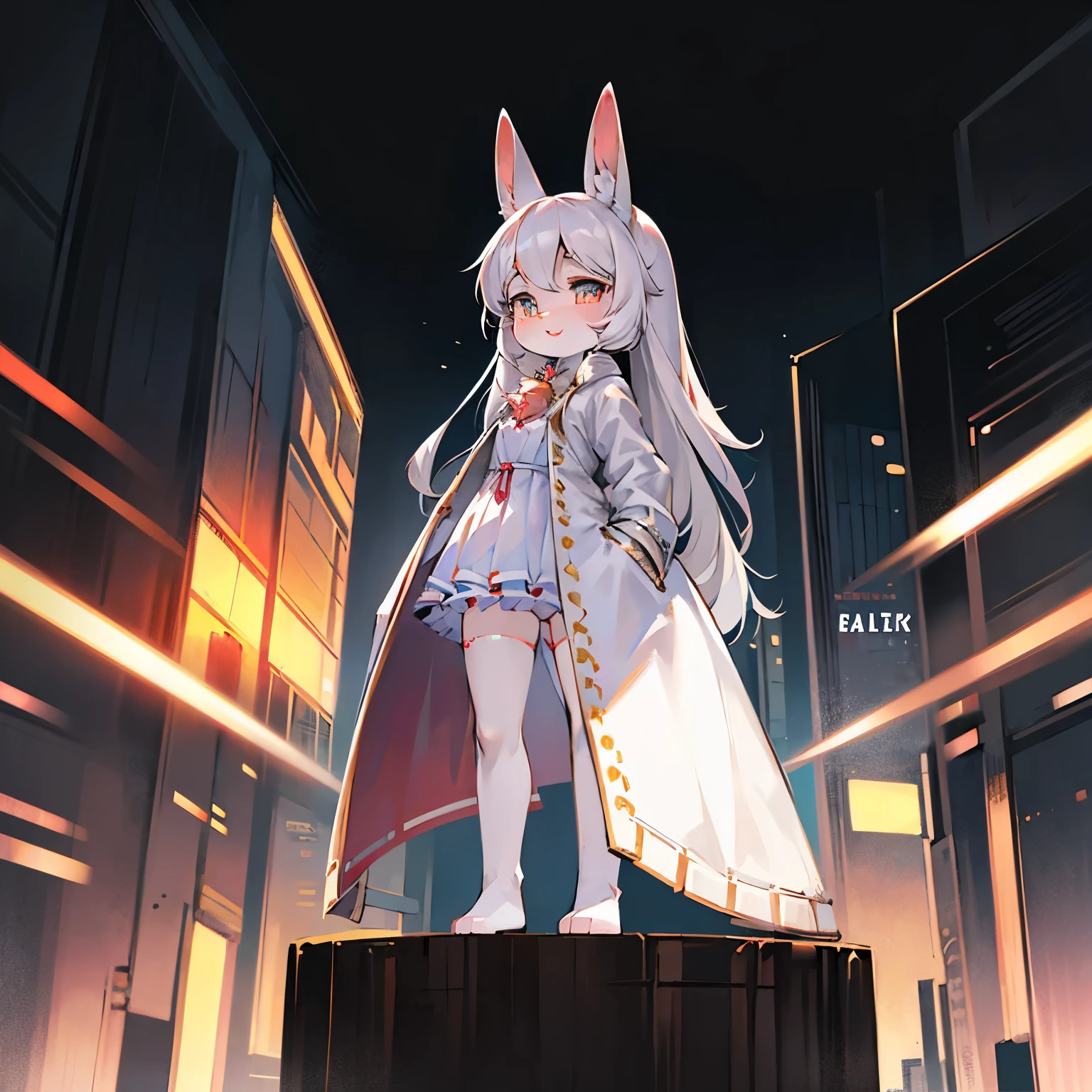 Bunny Girl，bunny ears，Characteristics of a three-year-old girl，female focus，Furry women，Furry loli，Bright Eyes，white hair，Height 1.6 meters，coat，Short groups，Standing posture，happy