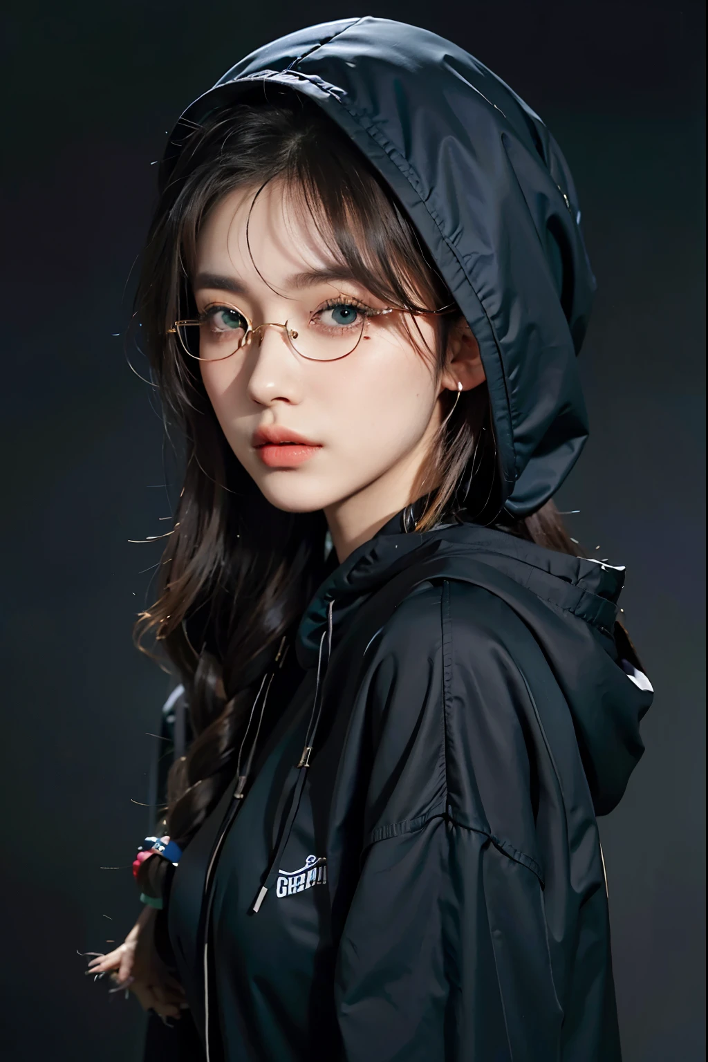 Long-haired Arafad woman wearing black hoodie, Portrait of a Korean female idol, guweiz style artwork, blackpink josie&#39;s portrait, jinyoung shin, Urzan, Minami Zaiwa, guweiz, kpop idol portrait, Brunette girl wearing hoodie, author：unbelievable, Li Zhien, Li Zhien，Long ponytail hairstyle，green hair and gray hair, Good-looking hair accessories, light green eyes，big eyes，Wearing red glasses，half rim glasses，