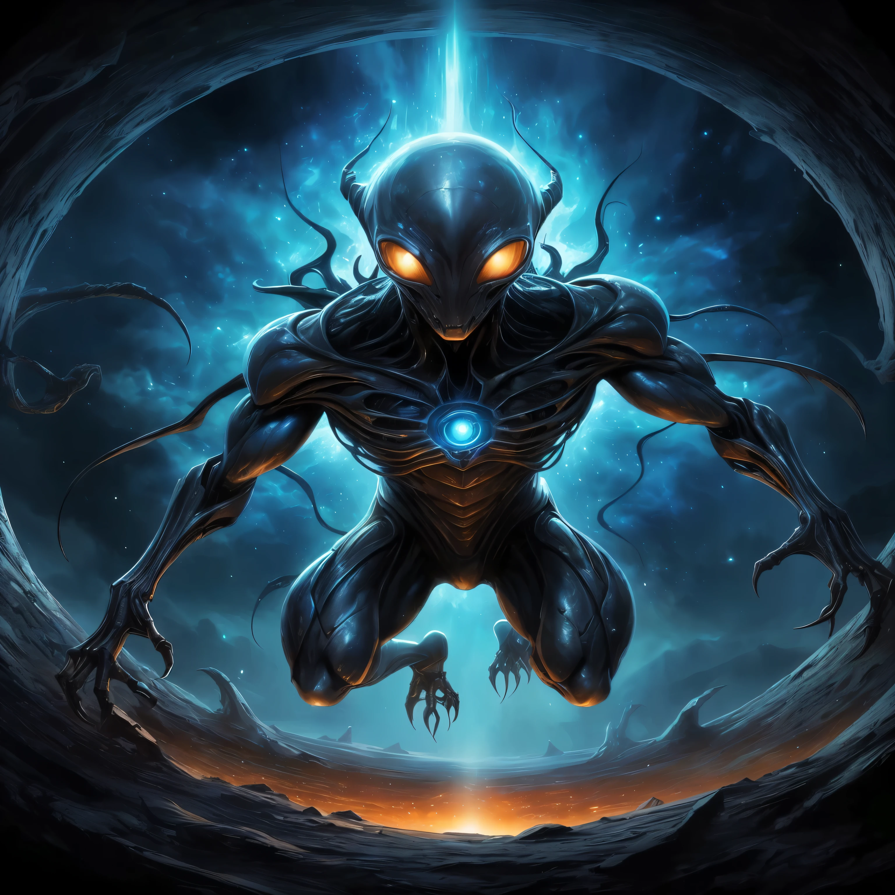 a close up of a Alien with a glowing head and a glowing eye, amazing space creature 4 k, alien warrior, guyver, guyver style, in the style dan mumford artwork, guyver dark hero, fractal thunder dan mumford, epic scifi character art, warframe infested art, dan mumford. maya render, symmetrical epic fantasy art, metal and glowing eyes
