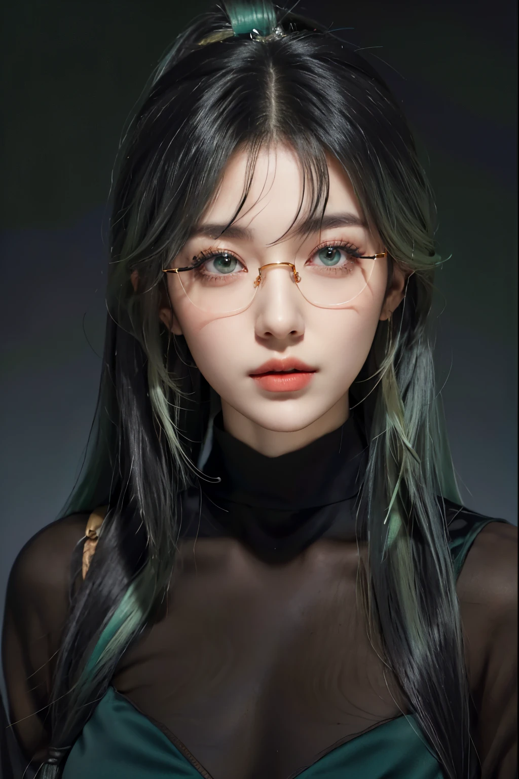 Arafad&#39;s image of a woman with long hair and black top, Soft portrait shot 8k, Portrait of a Korean female idol, 8k portrait rendering, 🤤 girl portrait, Long hair and eyes, guweiz style artwork, kpop idol portrait, Canon eos r 6 shot, Stunning anime face portraits, cute face. dark fantasy，Long ponytail hairstyle，green hair and gray hair, green braid，Good-looking hair accessories, light green eyes，big eyes，Wearing red glasses，half rim glasses