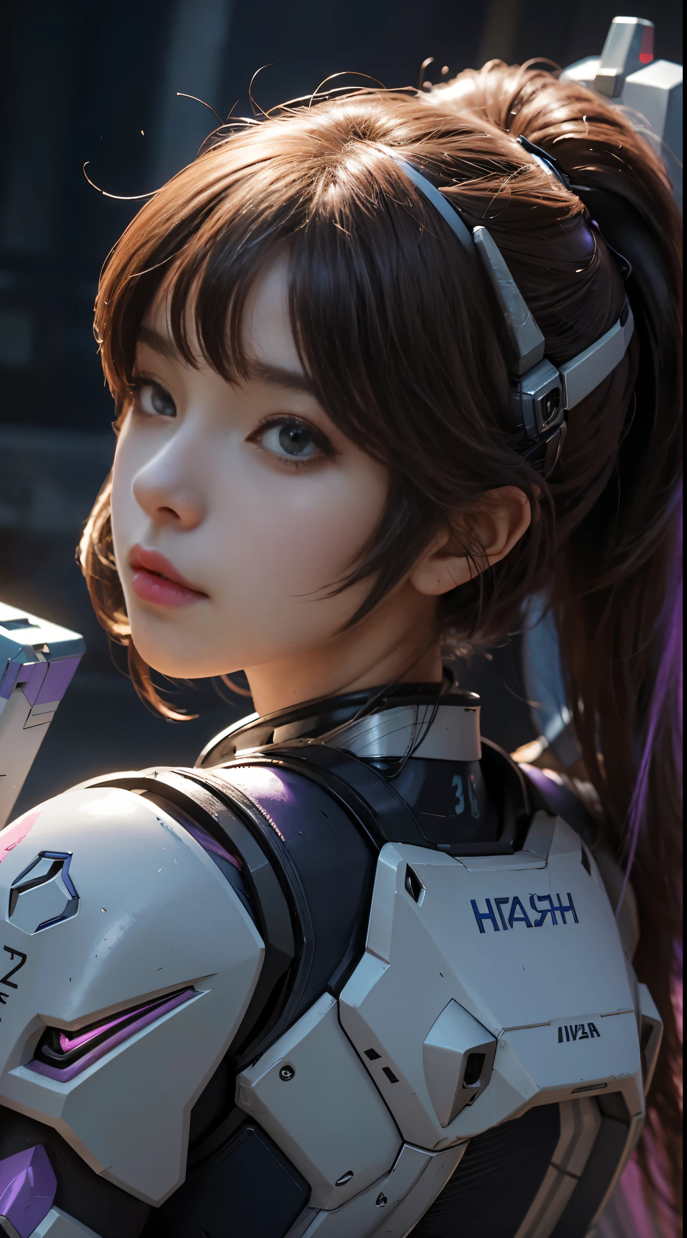 RAW, Masterpiece, Ultra Fine Photo,, Best Quality, Ultra High Resolution, Photorealistic, Sunlight, Full Body Portrait, Stunningly Beautiful,, Dynamic Poses, Delicate Face, Vibrant Eyes, (Side View) a close up of a woman in a pink and white gundam custume, dybamic pose, Short brown very very long hair rapunzel, girl in mecha cyber armor, portrait armored astronaut girl, d. va from overwatch, female mecha, on a gundam, gundam head, chiho aoshima color scheme, mobile suit, streamlined purple armor, fully robotic!! girl, realistic cosplay, gundam armor (dynamic pose) (best cameraview)