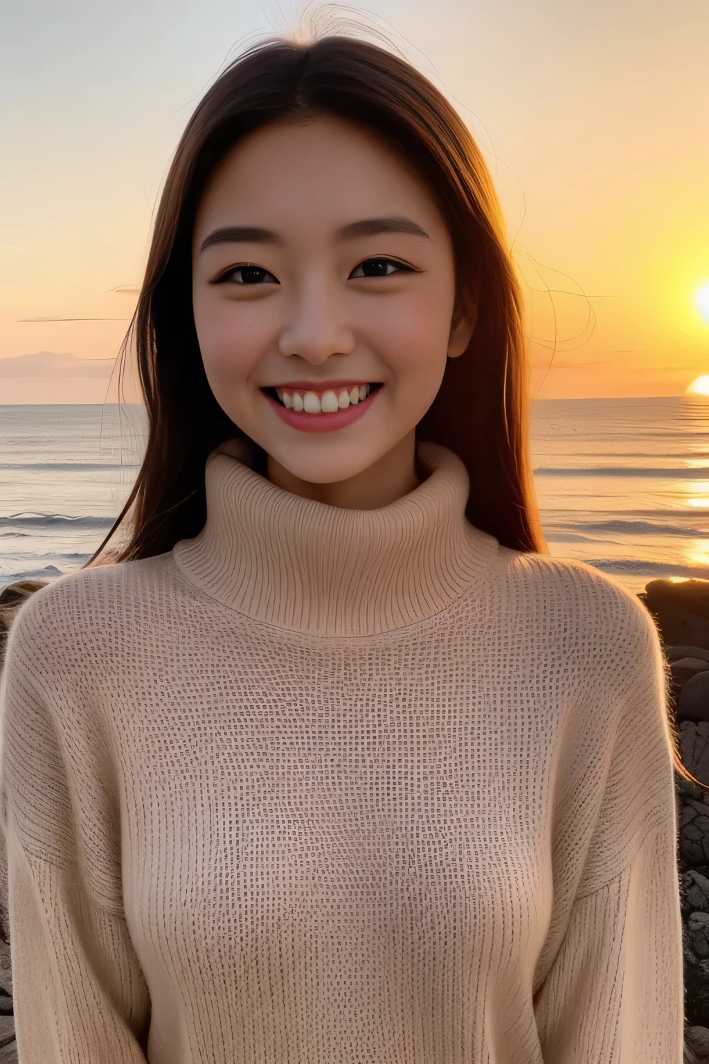 The face is a hostess、turtleneck sweater、high quality、surreal、healthy、smile、Slender perfect figure、beauty of japan、beautiful eyes、perfect face、beautiful skin、sunset、big